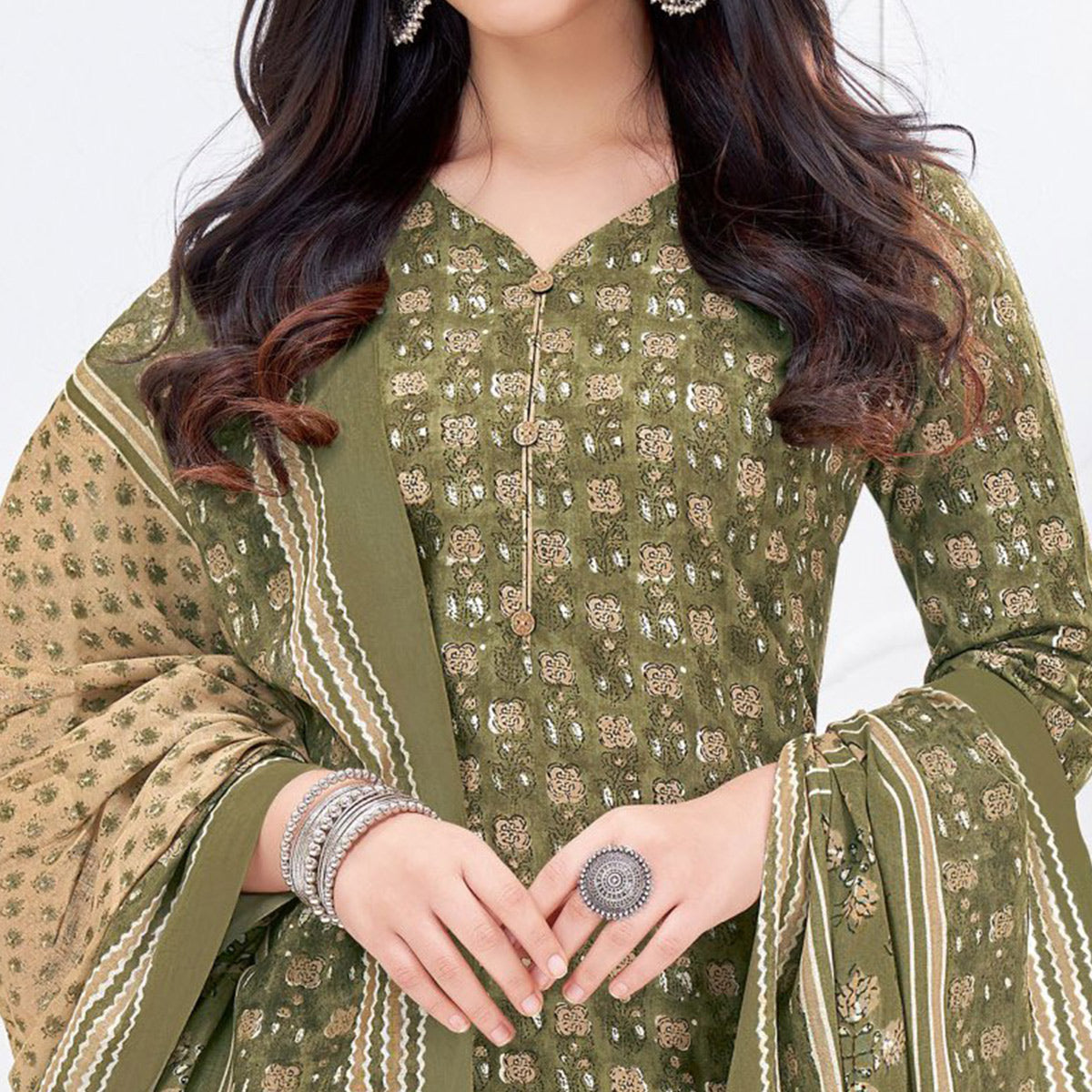 Olive Green Printed Pure Cotton Suit
