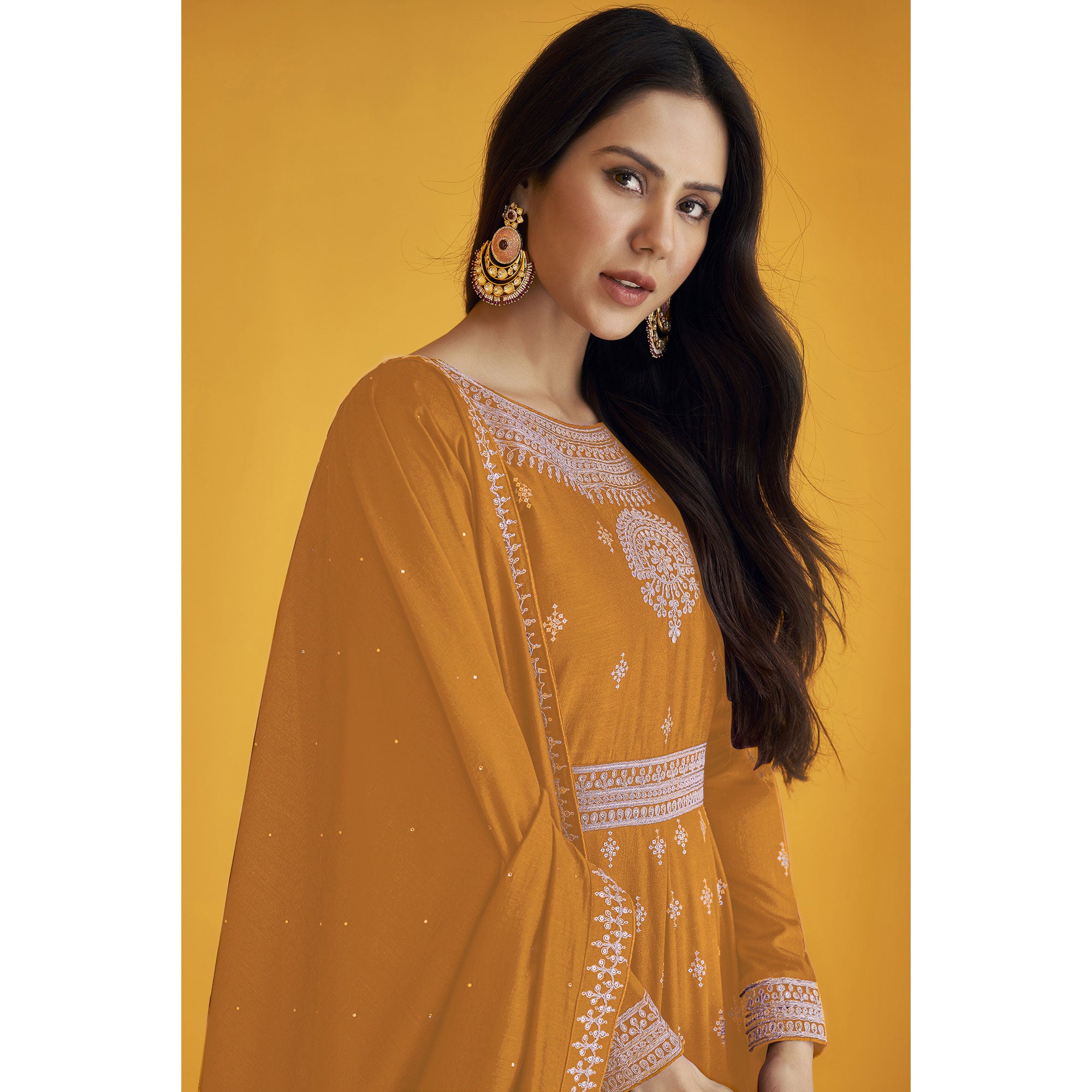 Yellow Orange Sequins Embroidered Georgette Semi Stitched Anarkali Suit