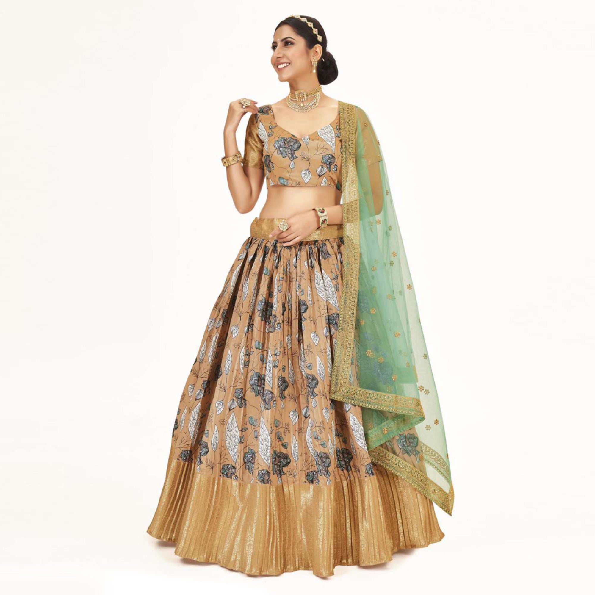 Light Brown Digital Printed With Zari Work Art Silk Lehenga Choli