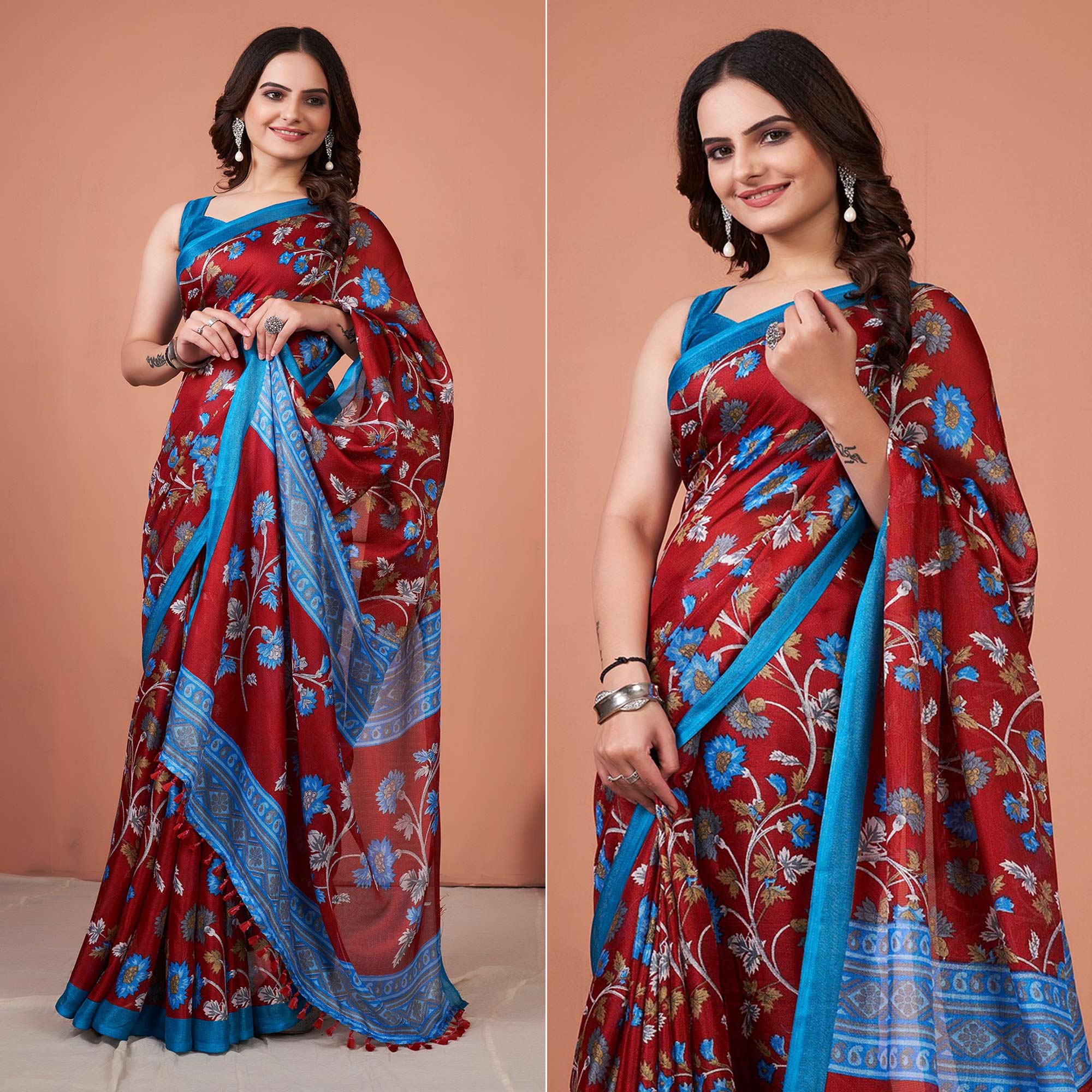 Red Floral Printed Jute Saree With Tassels