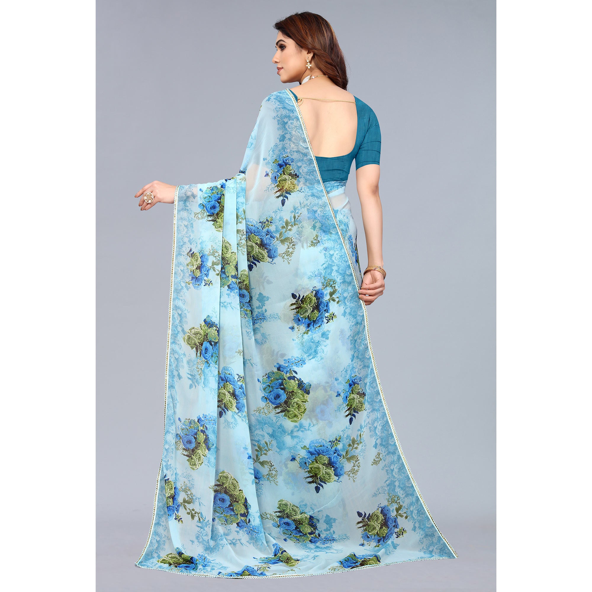 Sky Blue Floral Printed Georgette Saree
