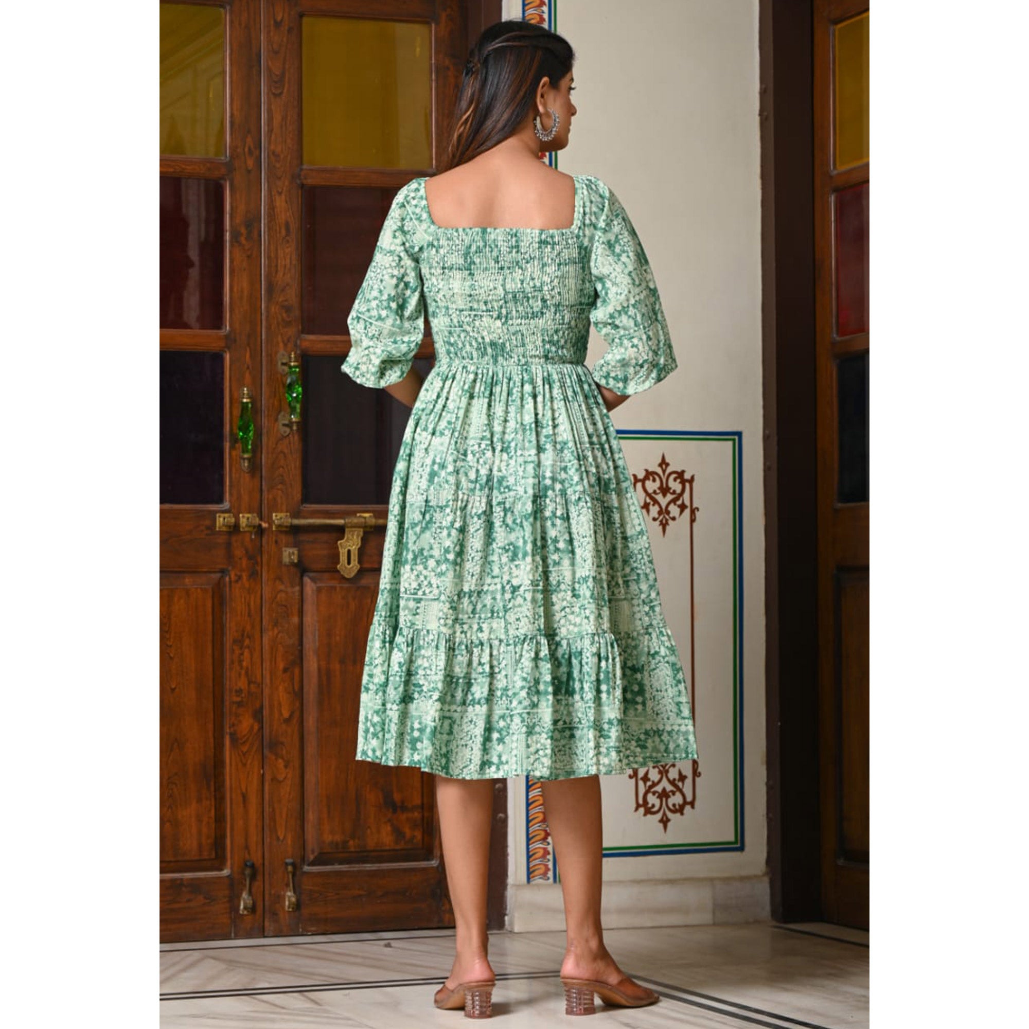 Turquoise Floral Printed Pure Cotton Dress