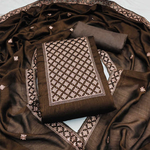 Coffee Brown Embroidered Modal Dress Material