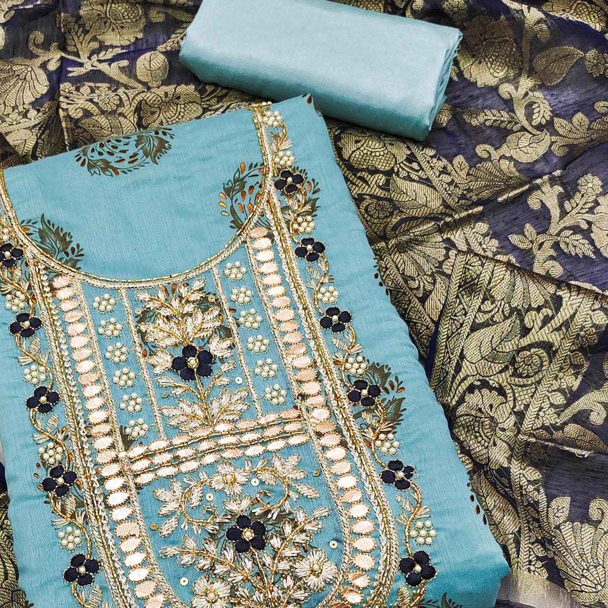 Sky Blue Floral Printed With Handwork Modal Dress Material