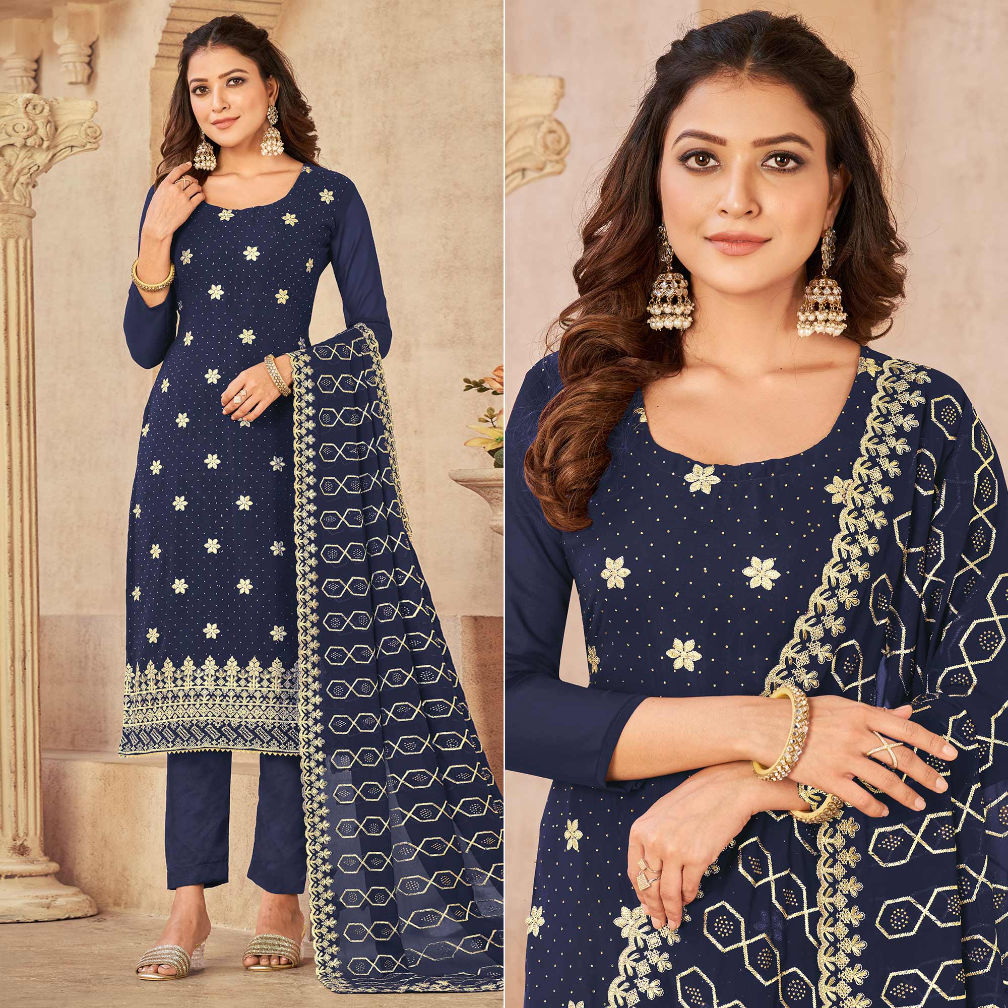 Navy Blue Embroidered Georgette Suit