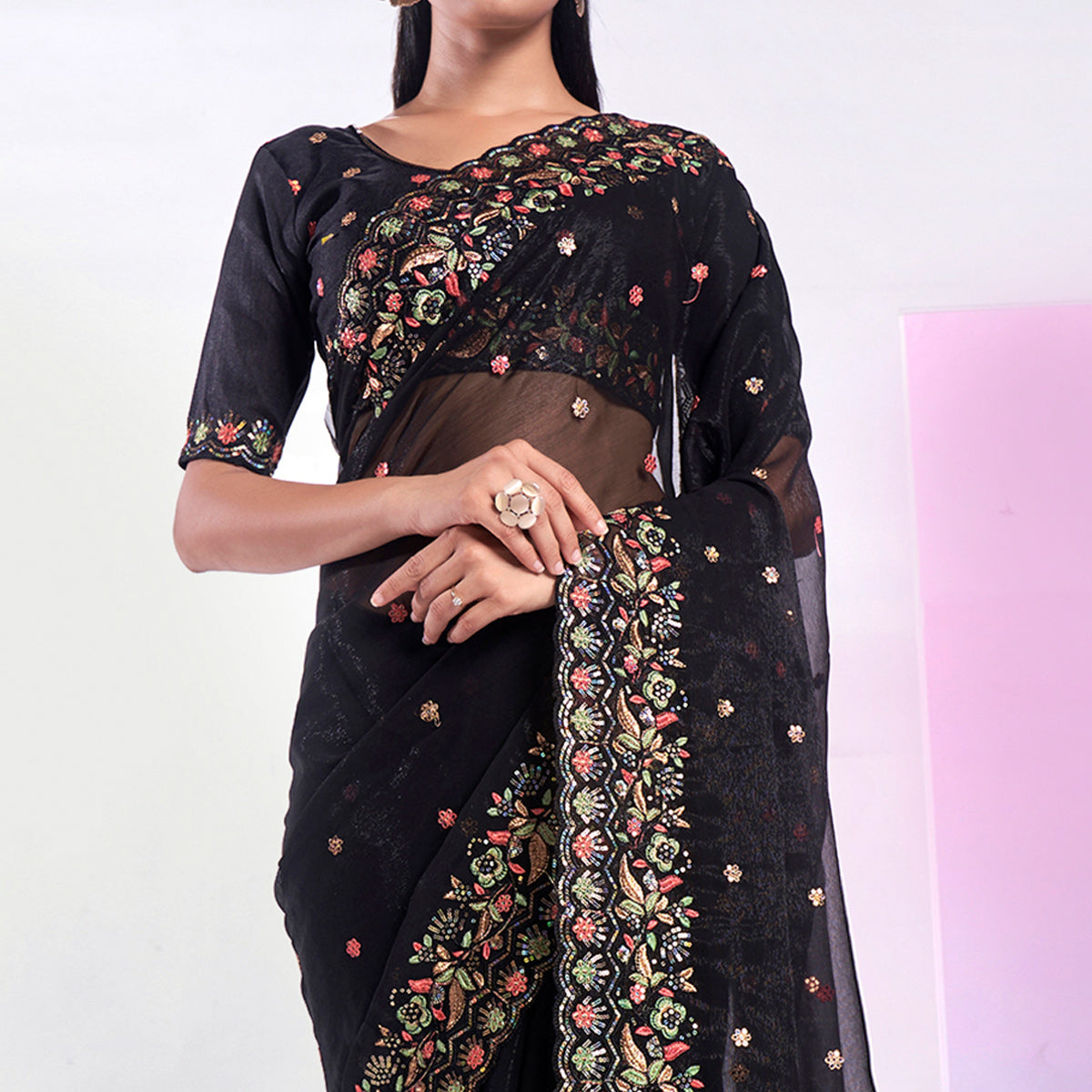 Black Floral Embroidered Georgette Saree