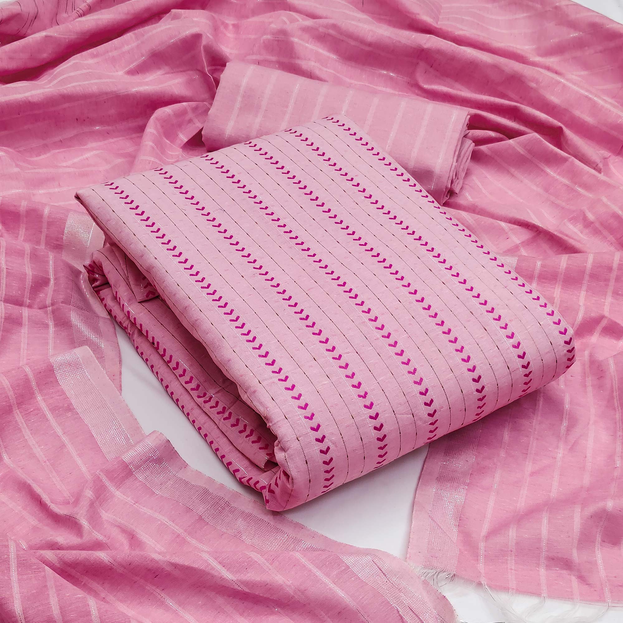 Pink Woven Cotton Blend Dress Material
