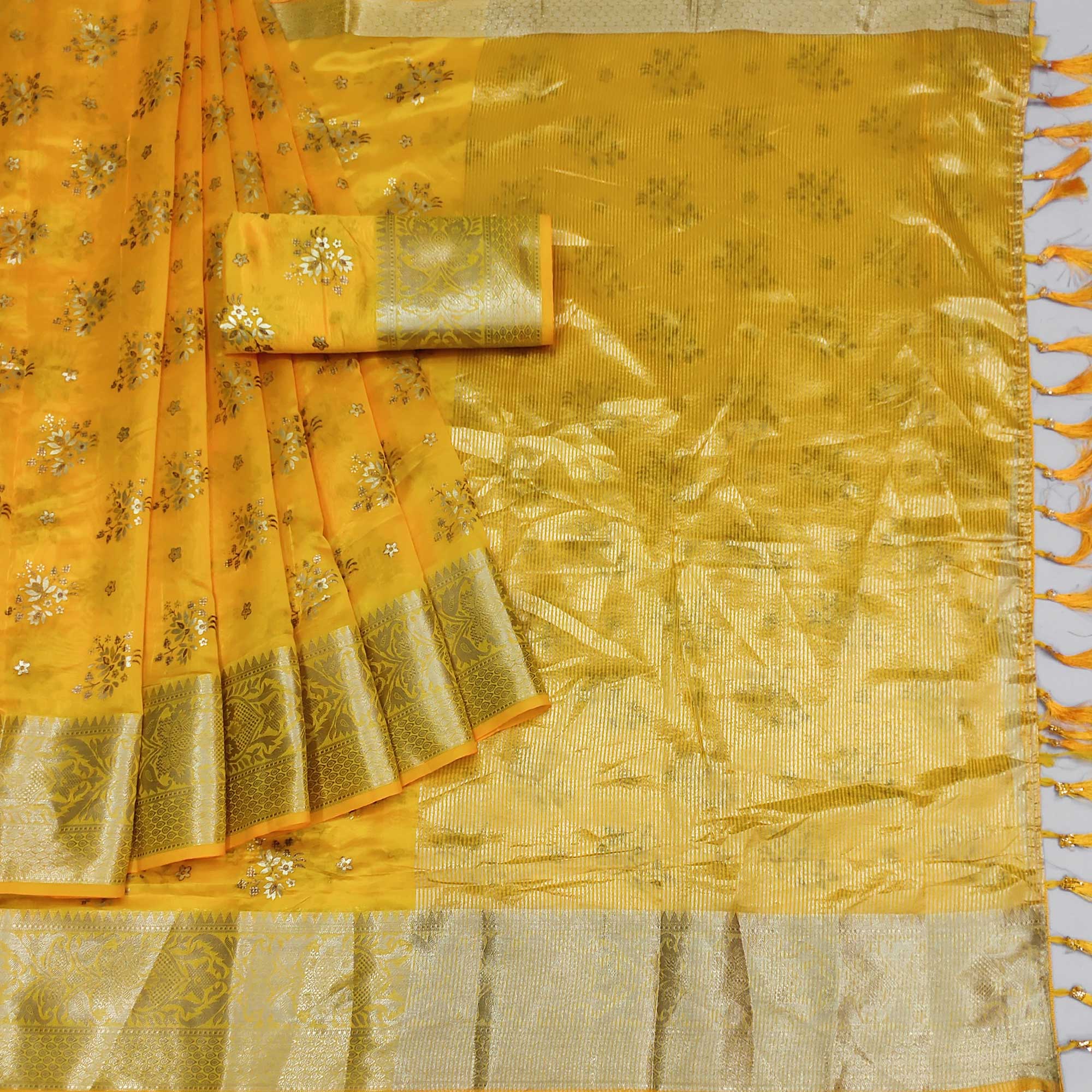 Yellow Woven Organza Saree With Tassels