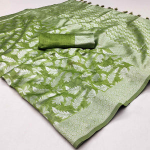Green Woven Cotton Silk Saree With Tassels