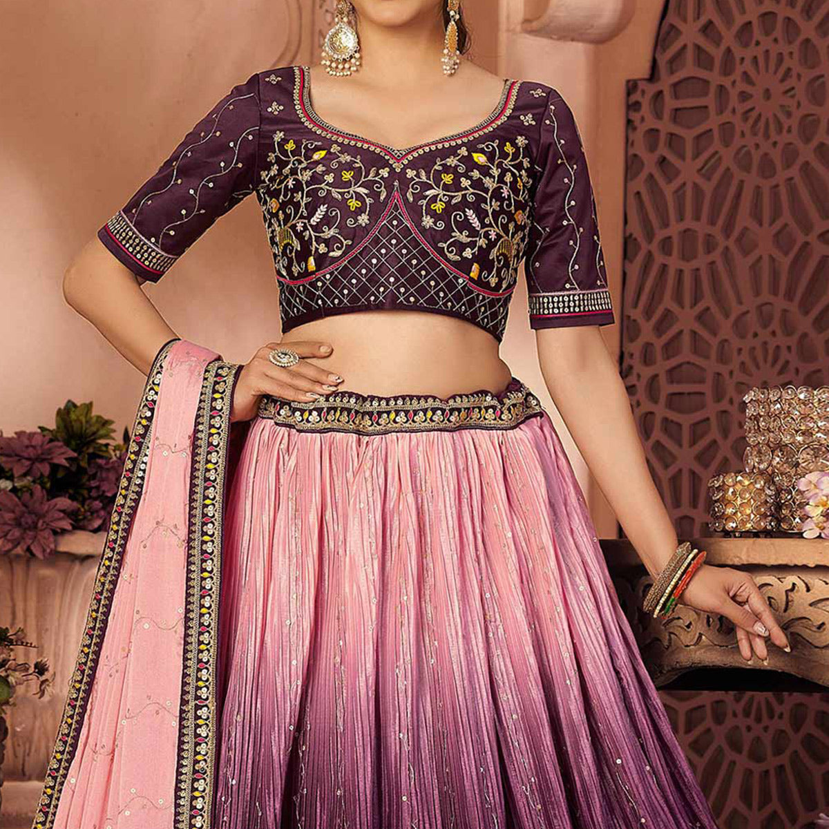 Wine & Pink Sequins Embroidered Chiffon Lehenga Choli