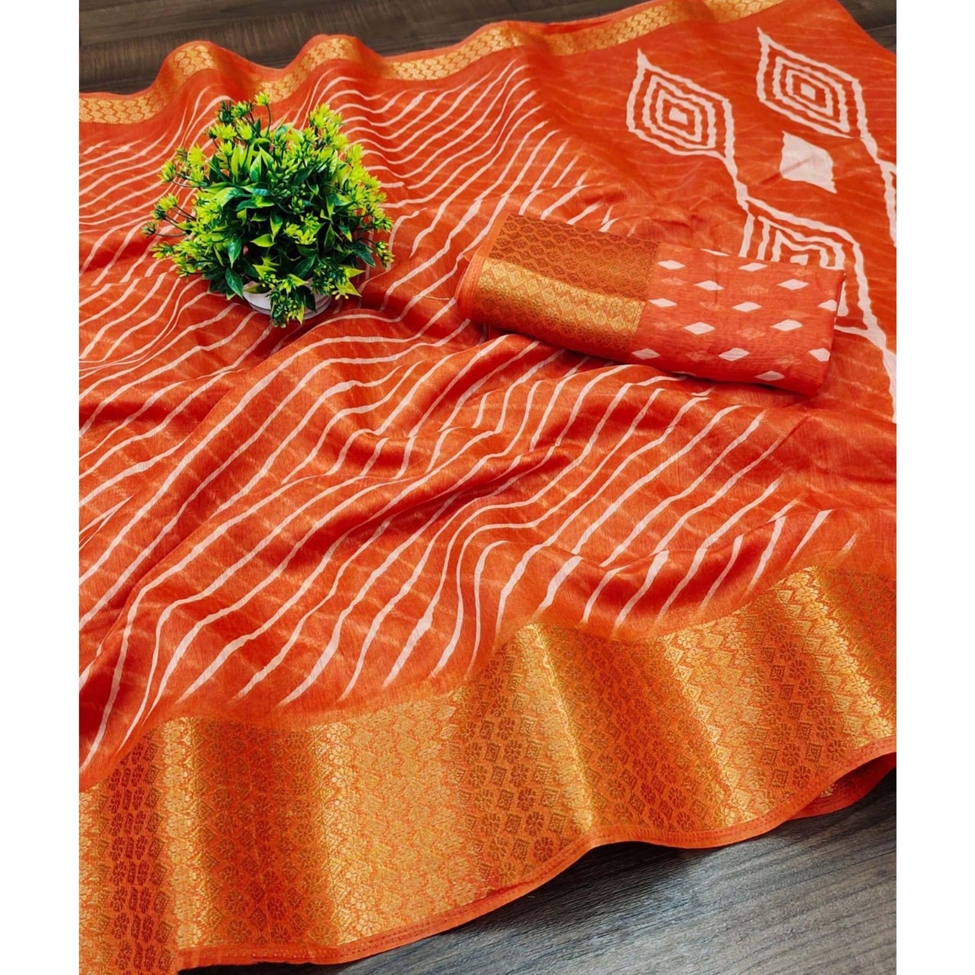 Orange Striped Printed Linen Saree