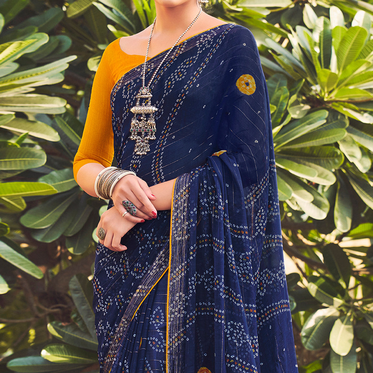 Navy Blue Printed Chiffon Saree