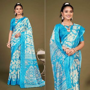 Blue Floral Printed Jute Saree With Tassels