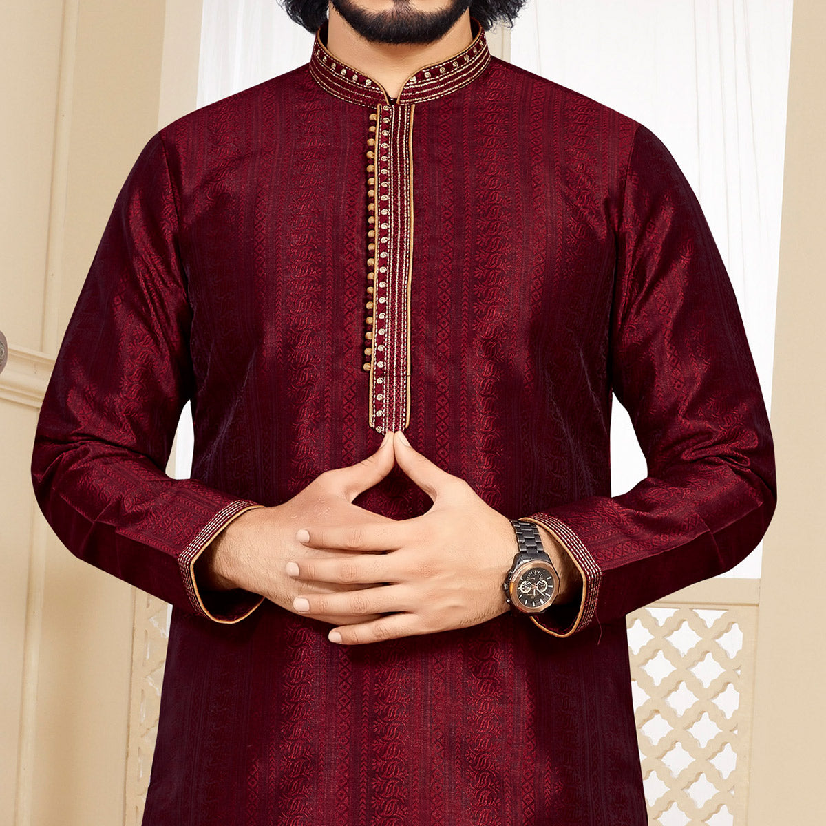 Maroon Woven Jacquard Kurta Pyjama Set