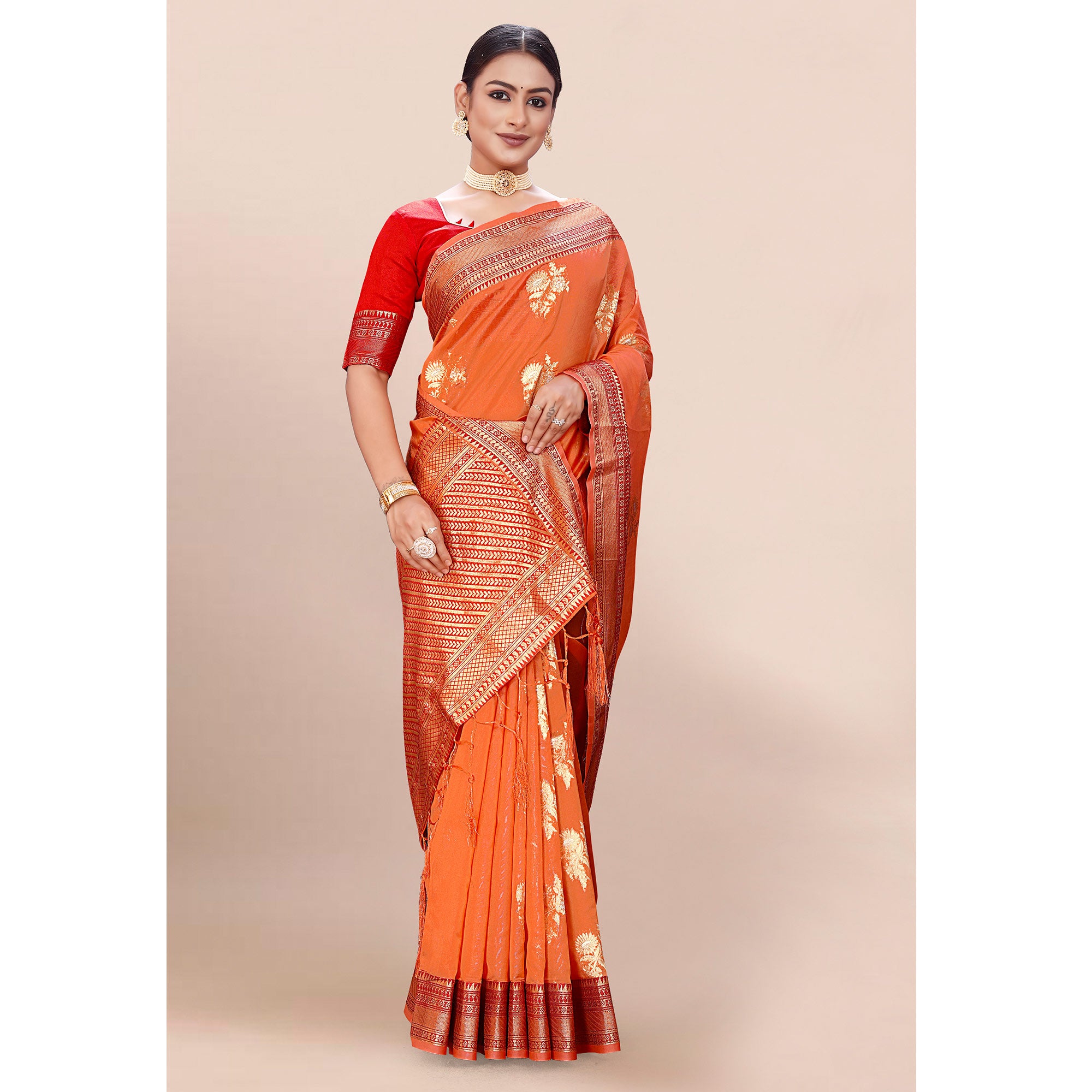 Orange Woven Organza Saree With Tassels