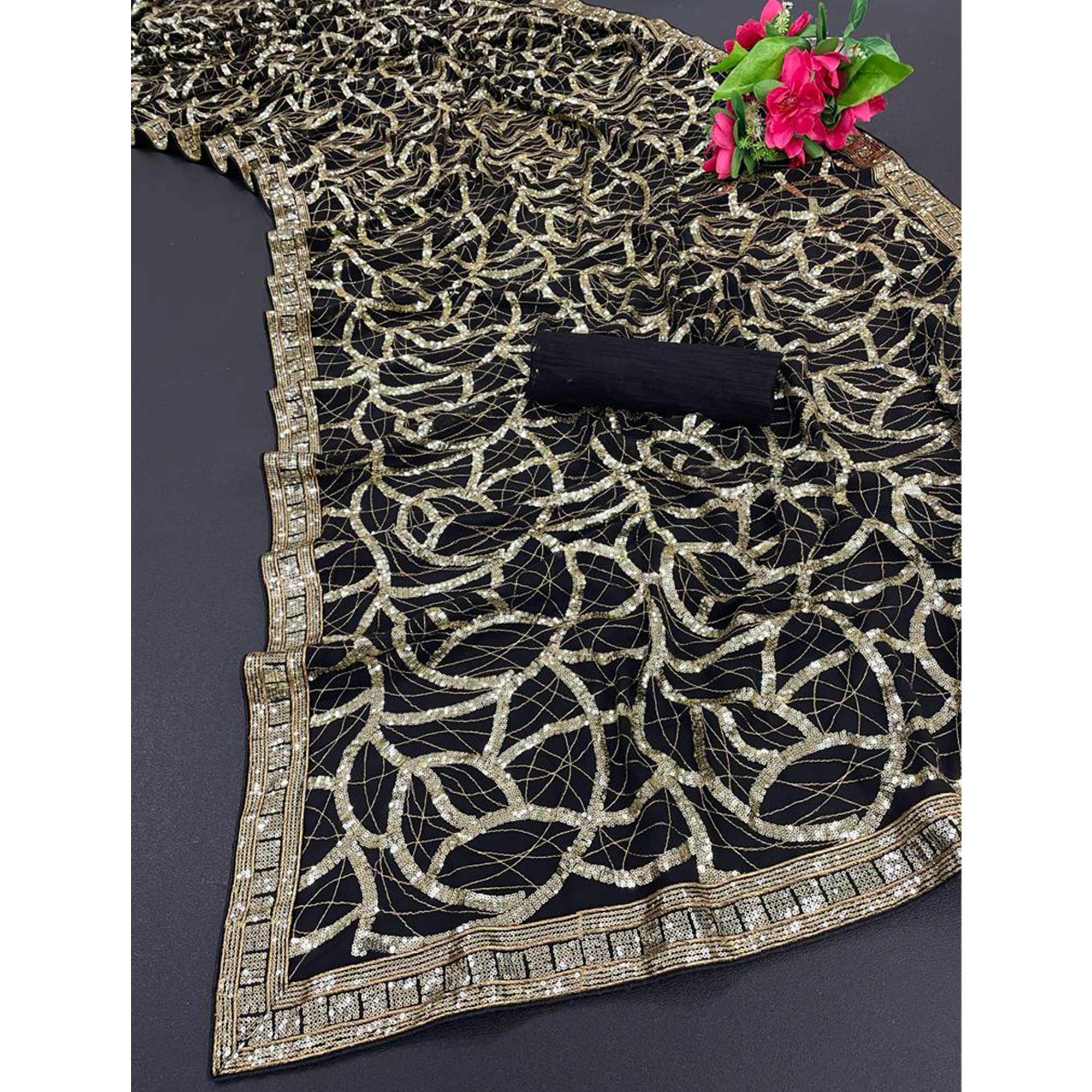 Black Sequins Work Georgette Saree