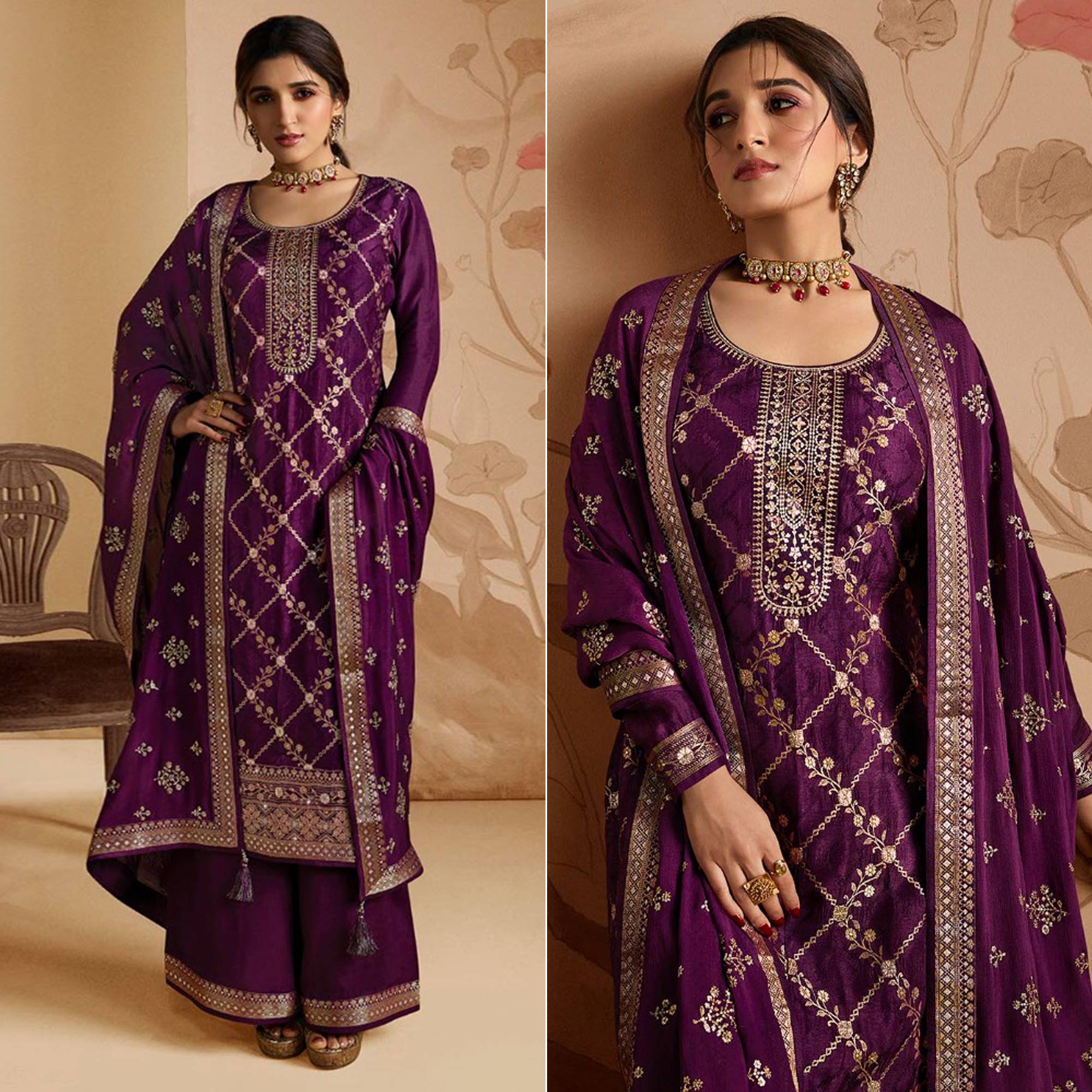 Purple Woven And Embroidered Dola Silk Palazzo Suit