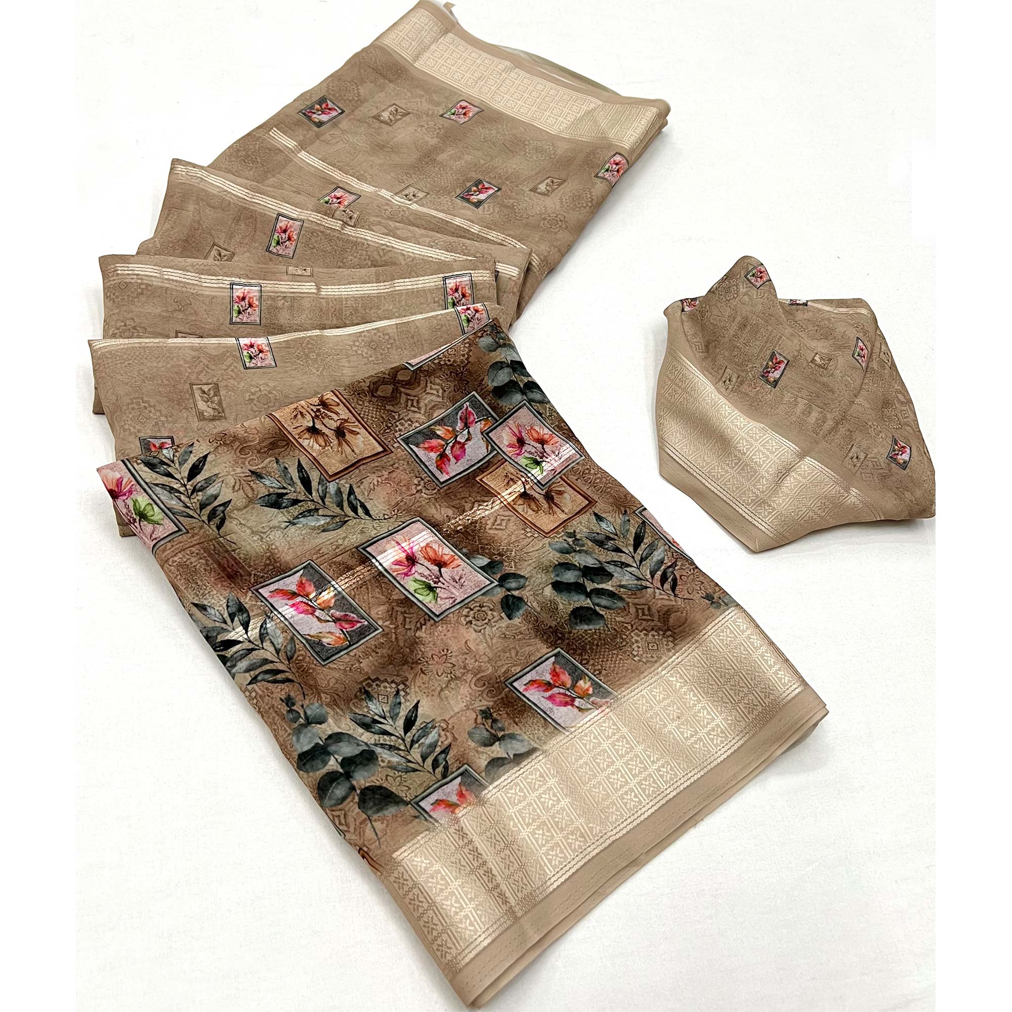 Brown Digital Printed Viscose Saree