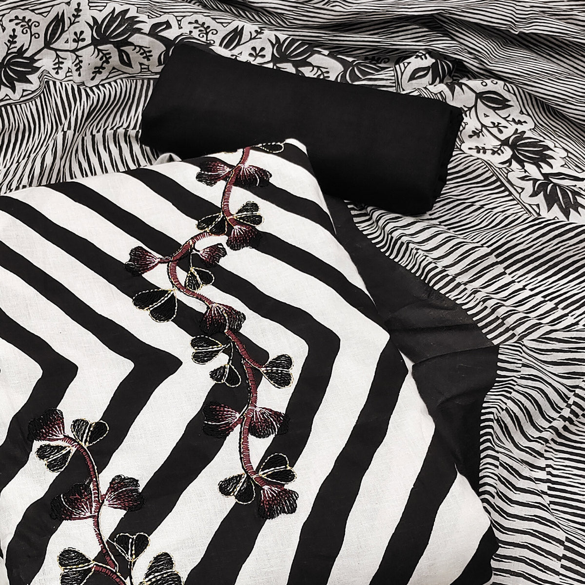 White & Black Printed With Embroidered Pure Cotton Dress Material