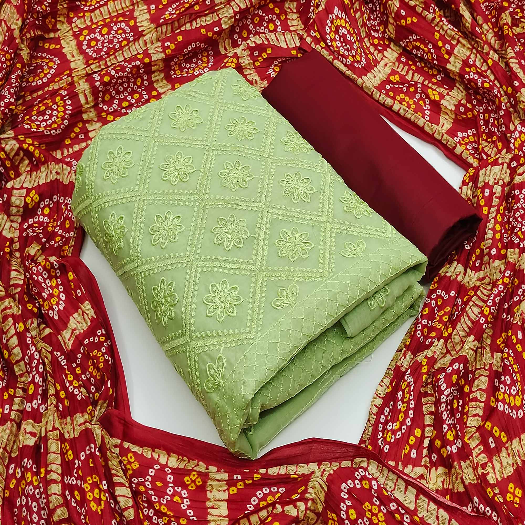 Green Embroidered Chanderi Dress Material