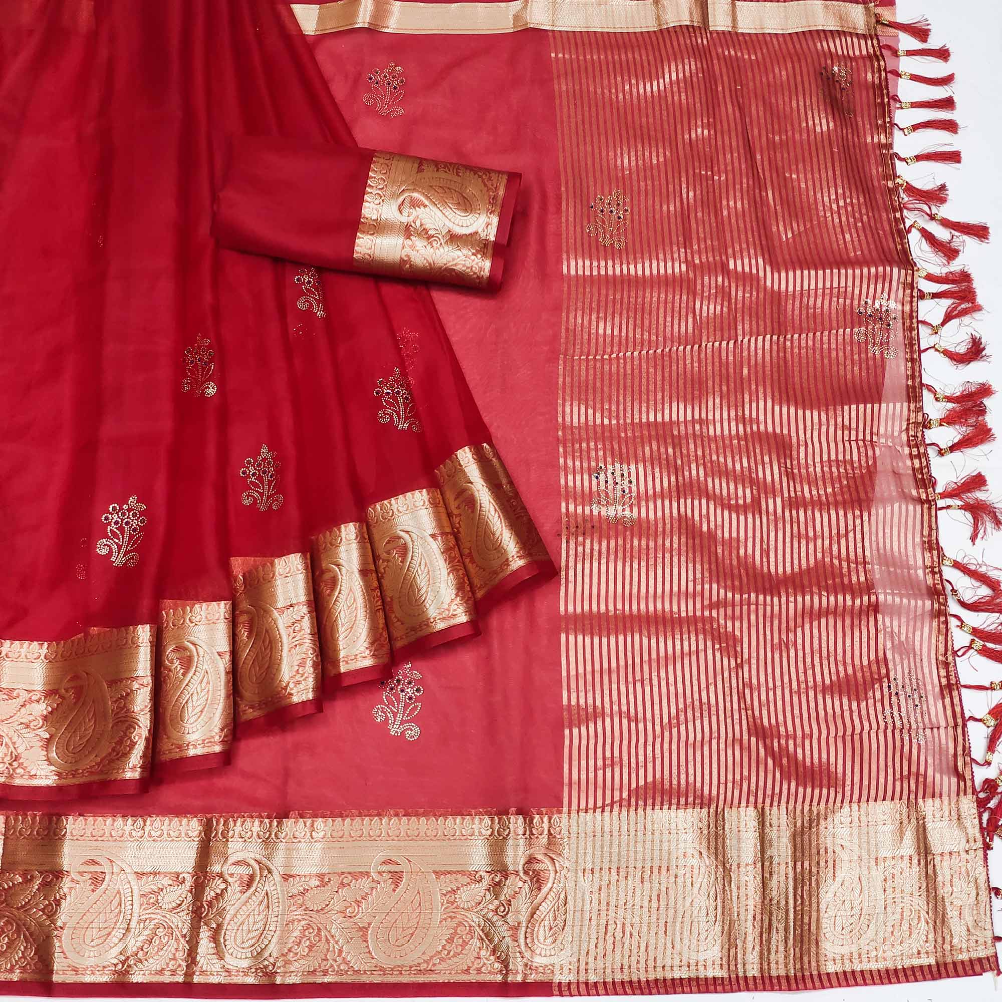 Red Floral Foil With Woven Border Organza Saree