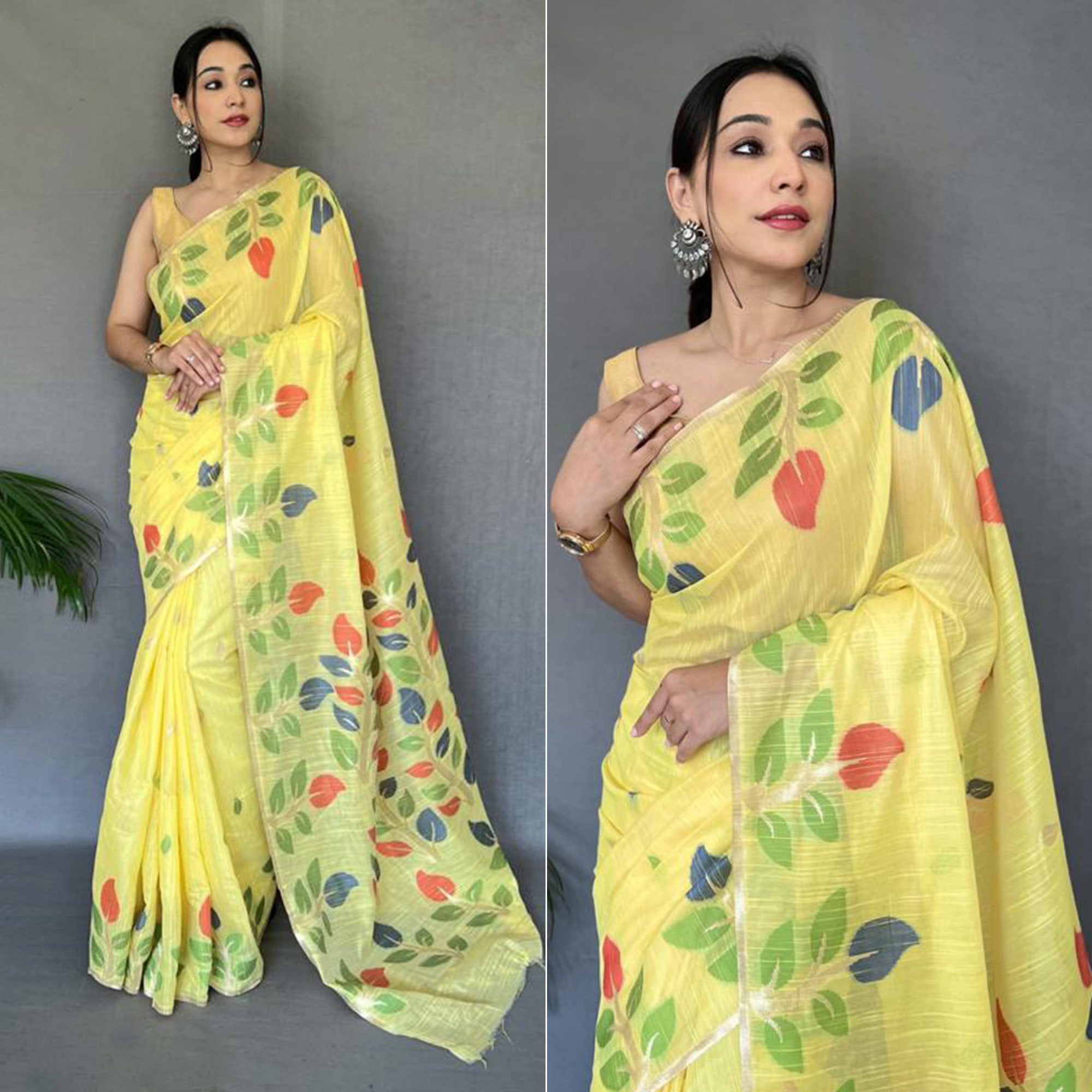 Yellow Floral Woven Cotton Saree