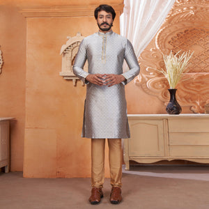 Grey Embroidered Jacquard Kurta Pyjama Set