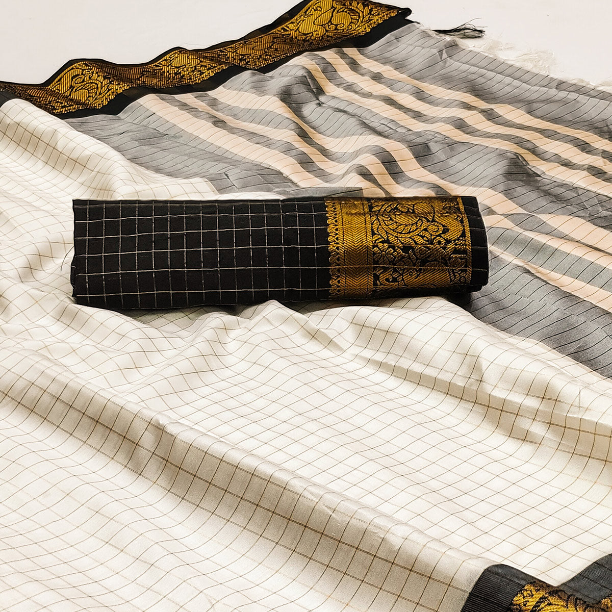 Cream And Black Woven Cotton Silk Saree With Tassels