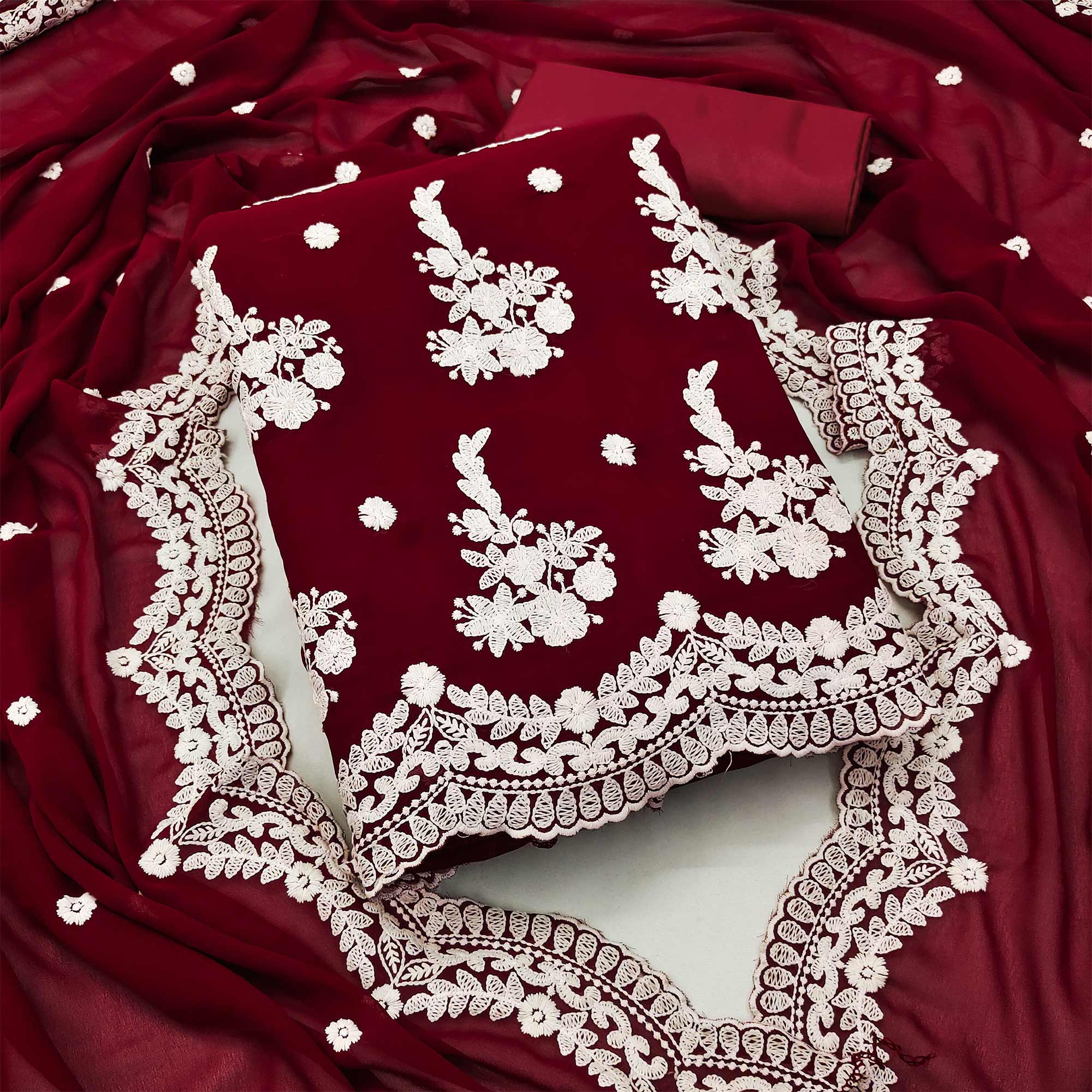 Maroon Floral Embroidered Georgette Dress Material