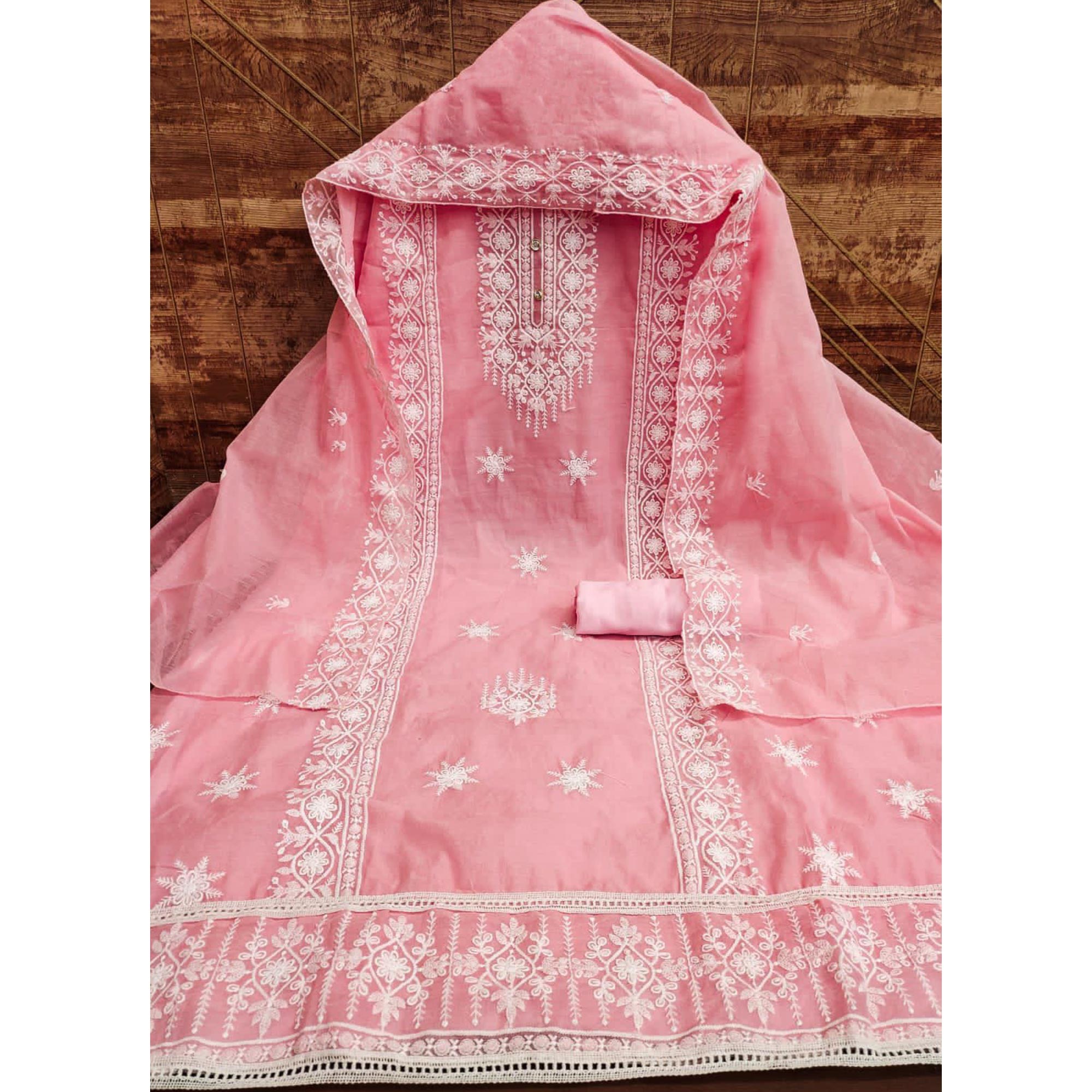 Pink Floral Embroidered Chanderi Dress Material