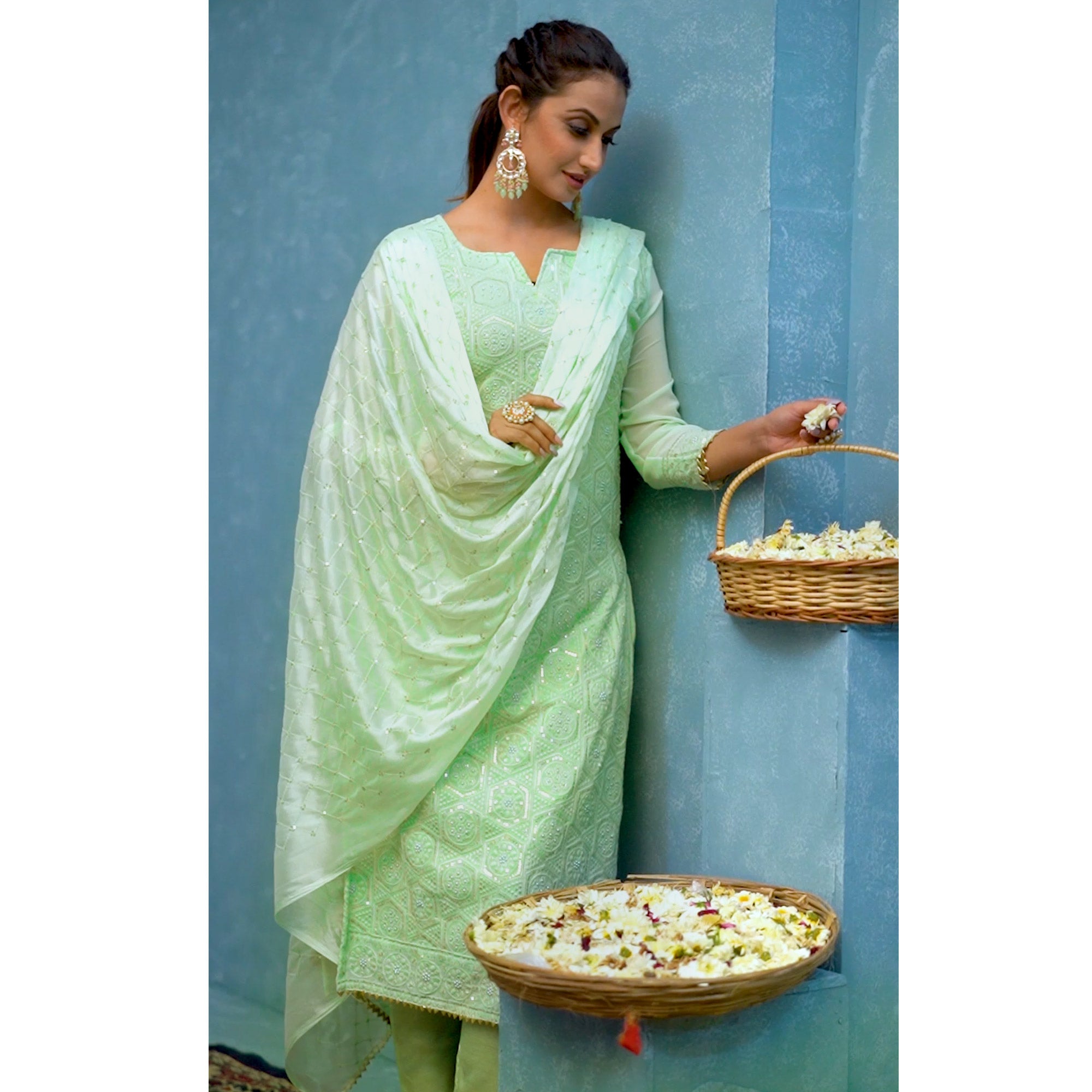 Pista Green Mirror Embroidered Georgette Suit
