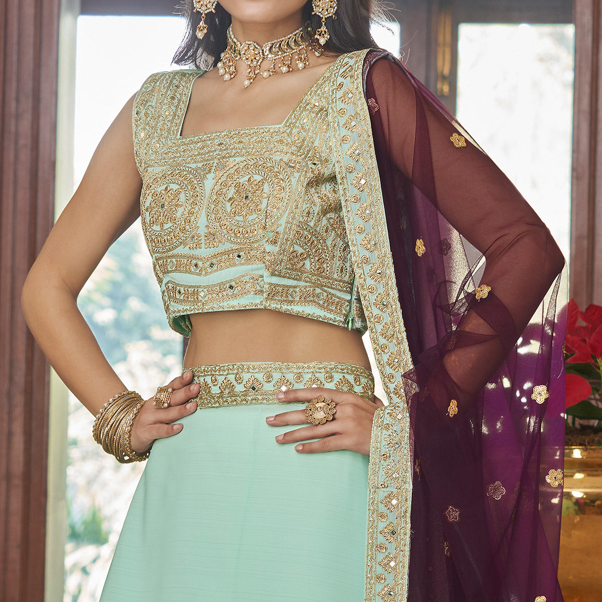 Light Aqua Green Embroidered Art Silk Lehenga Choli