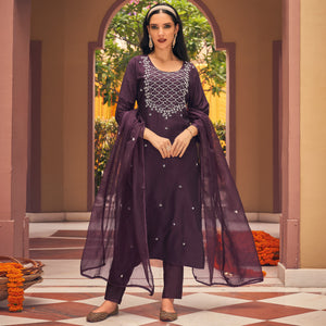 Wine Embellished Viscose Salwar Suit