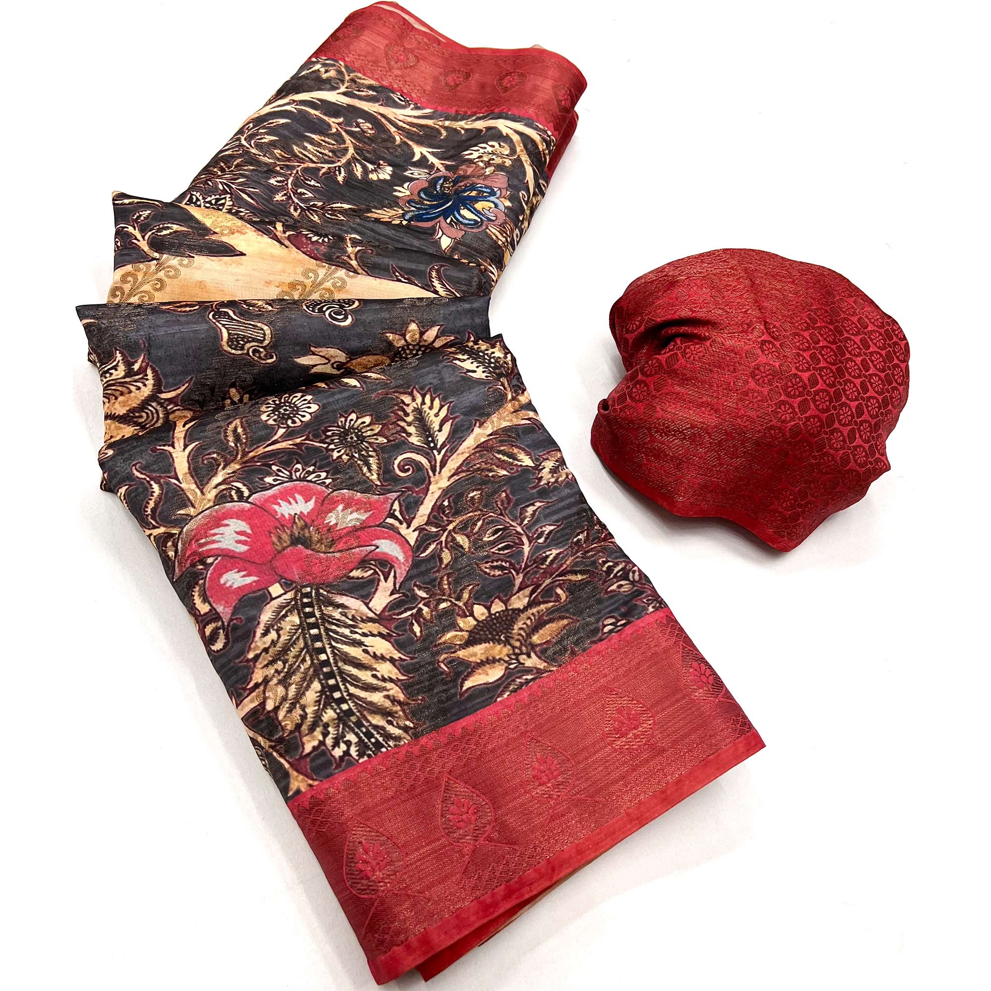 Black Digital Printed Cotton Silk Saree