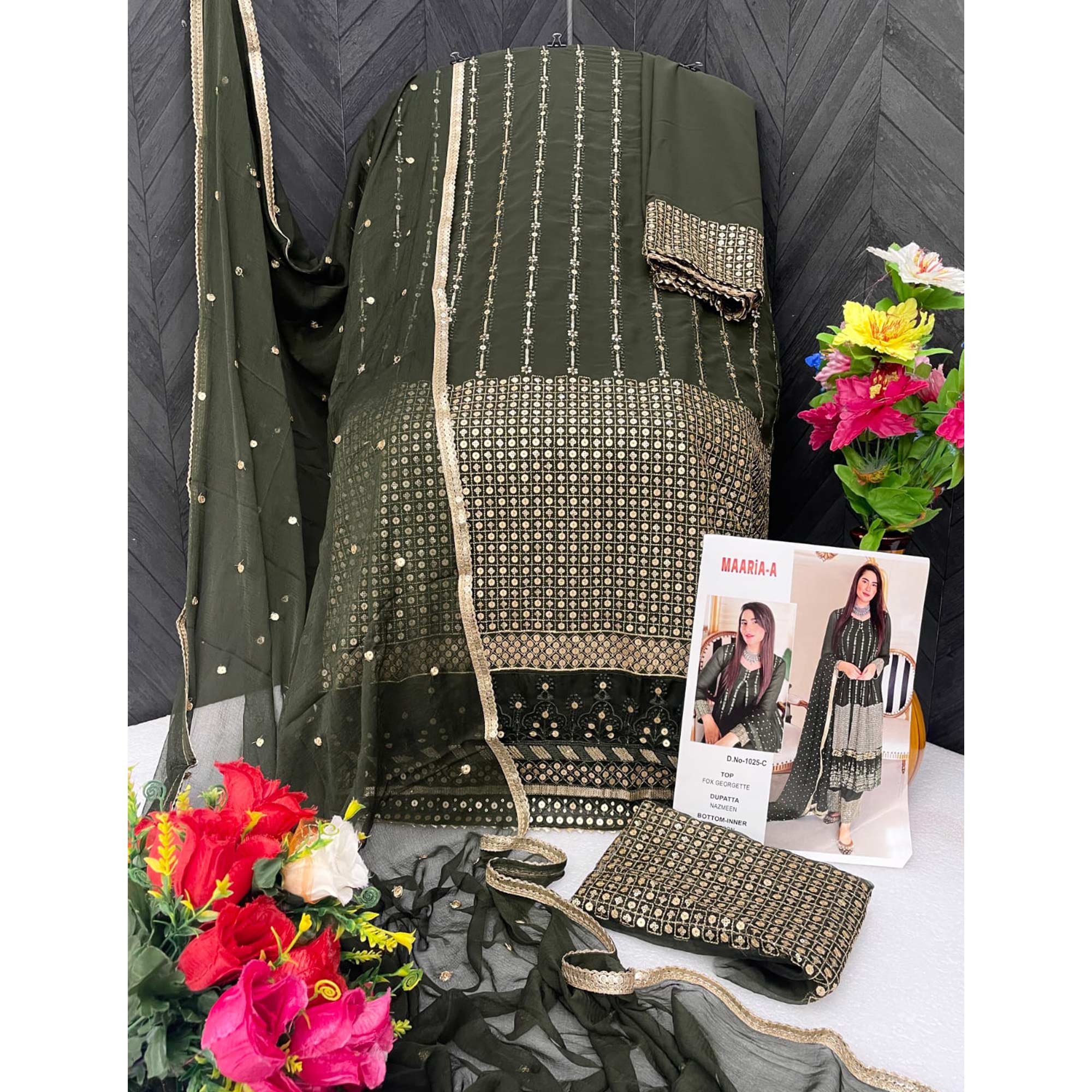 Mehendi Green Sequins Embroidered Georgette Pakistani Suit