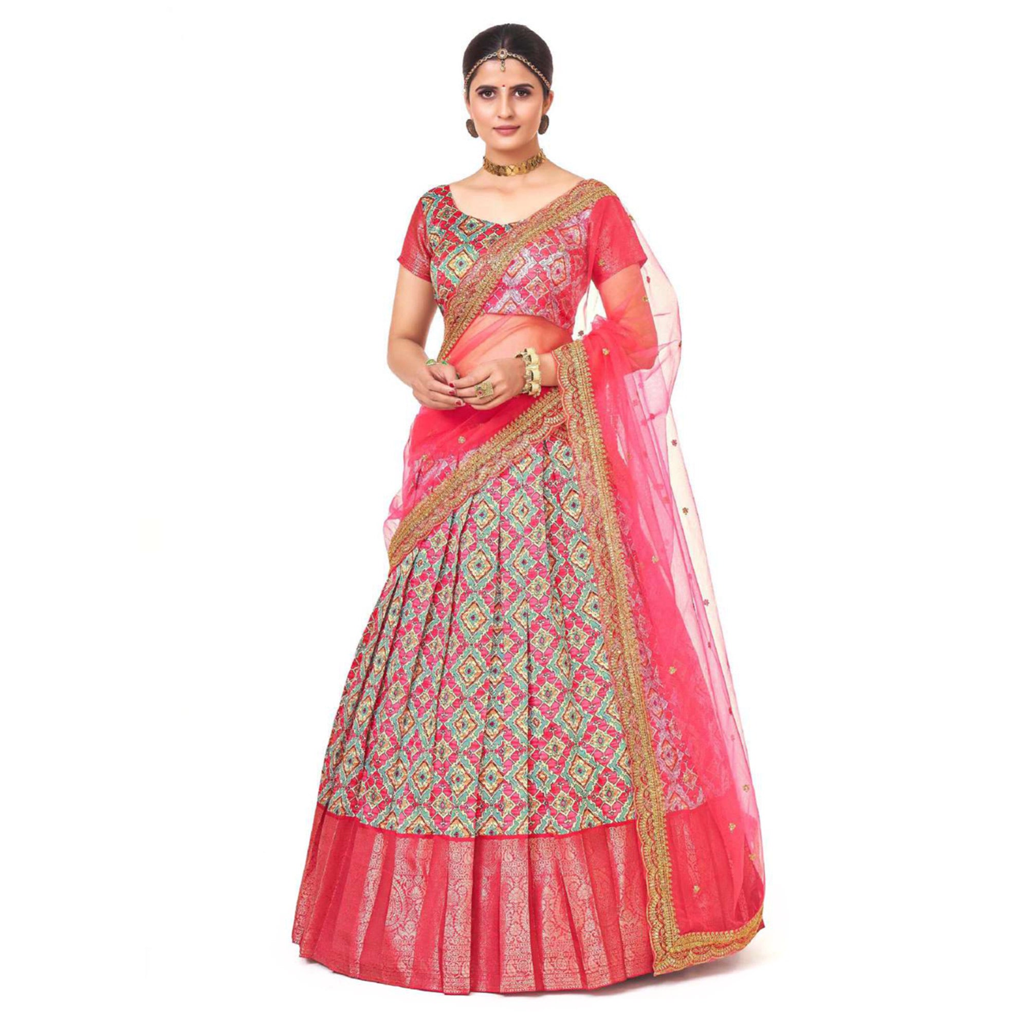 Sea Green And Pink Digital Printed With Zari Work Art Silk Lehenga Choli