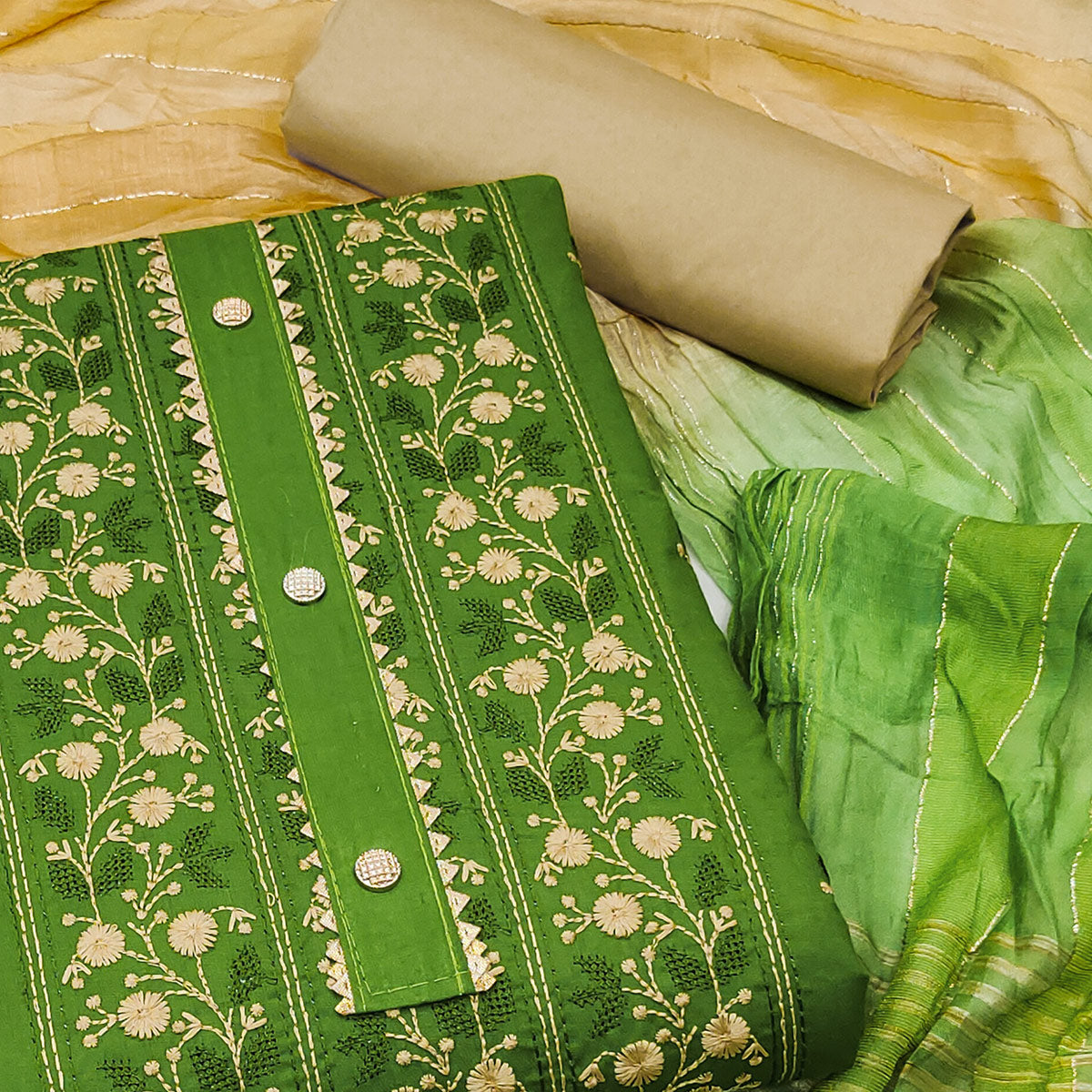 Green Floral Embroidered Cotton Blend Dress Material