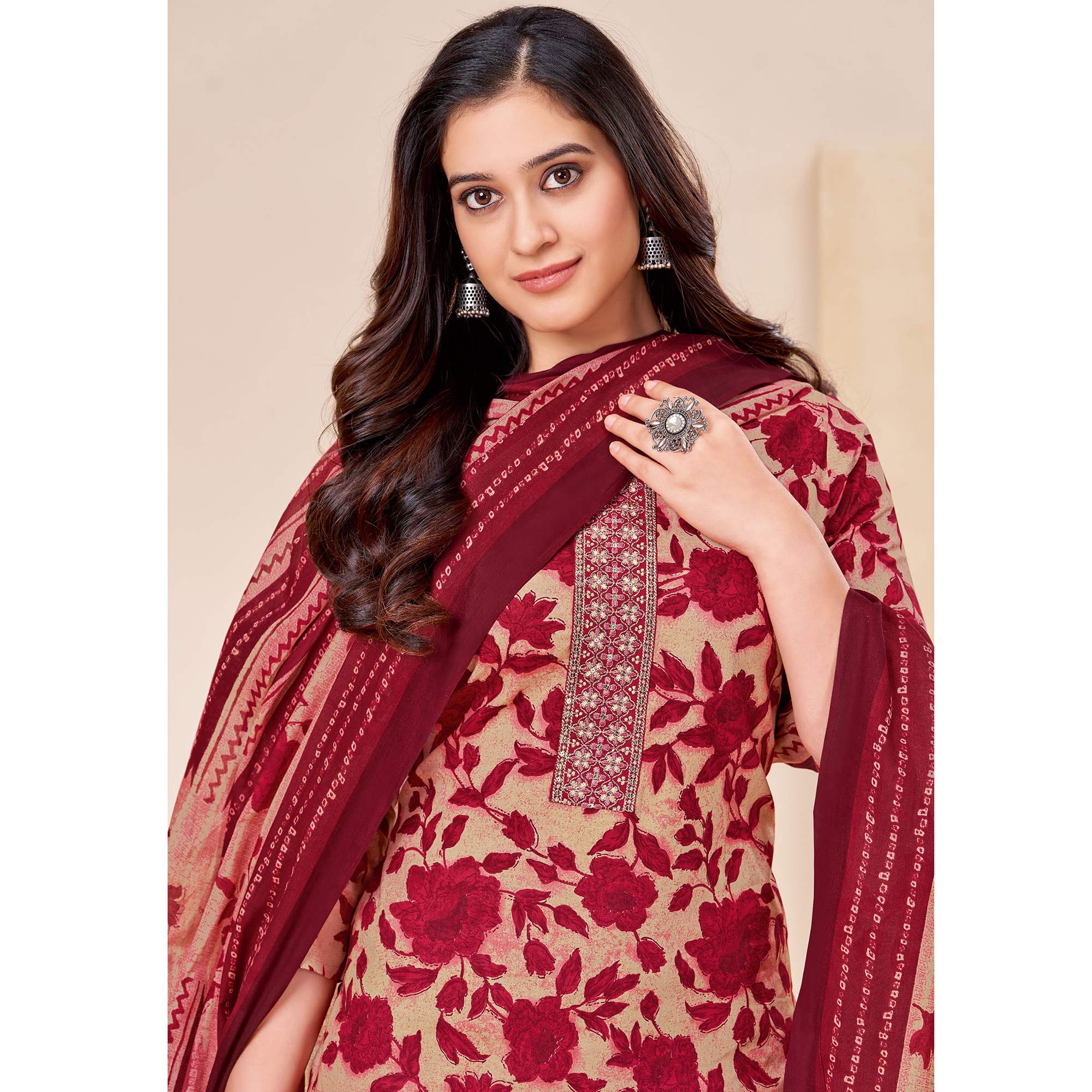 Beige Maroon Printed With Tie Embroidered Pure Cotton Suit