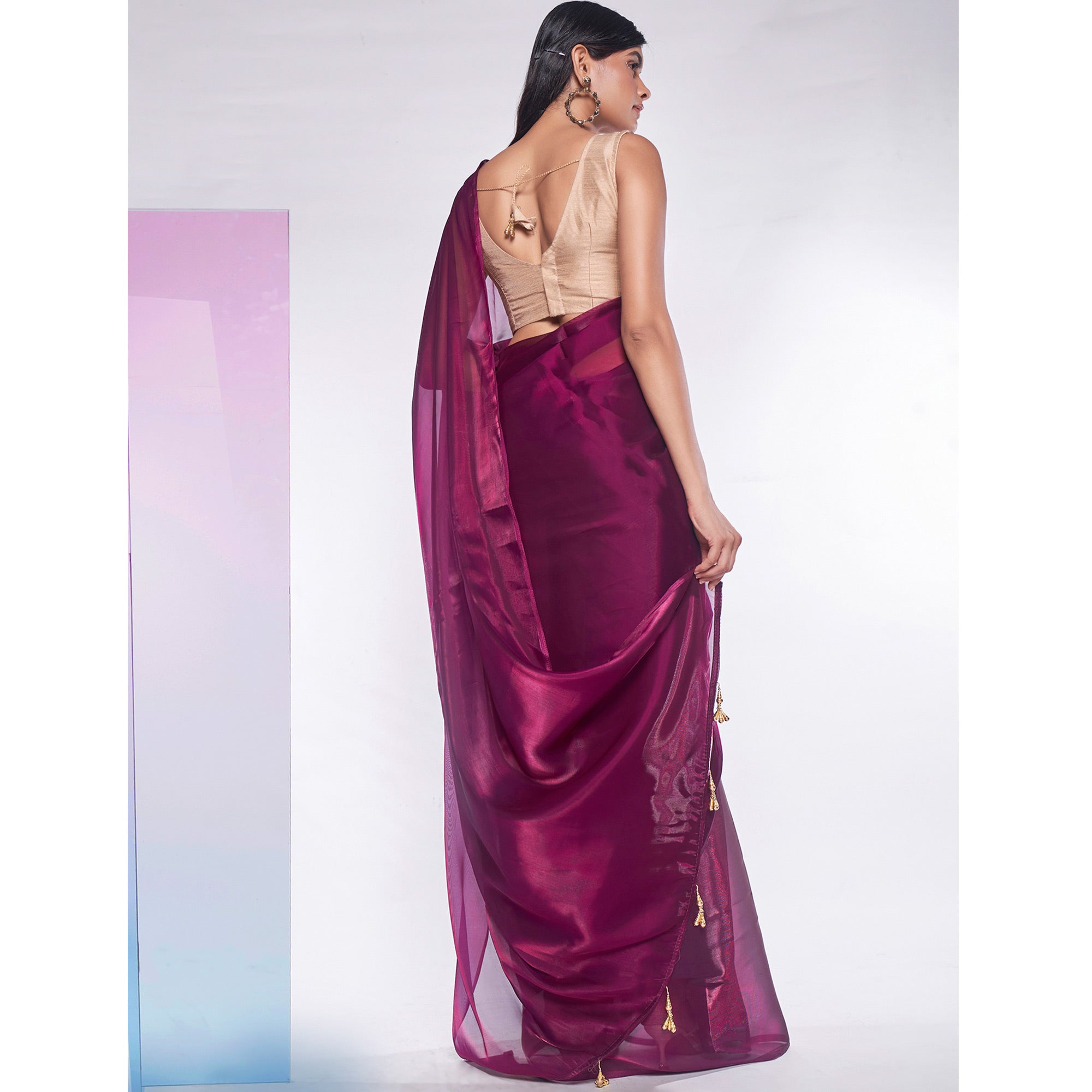 Wine Solid Organza Saree With Tassels