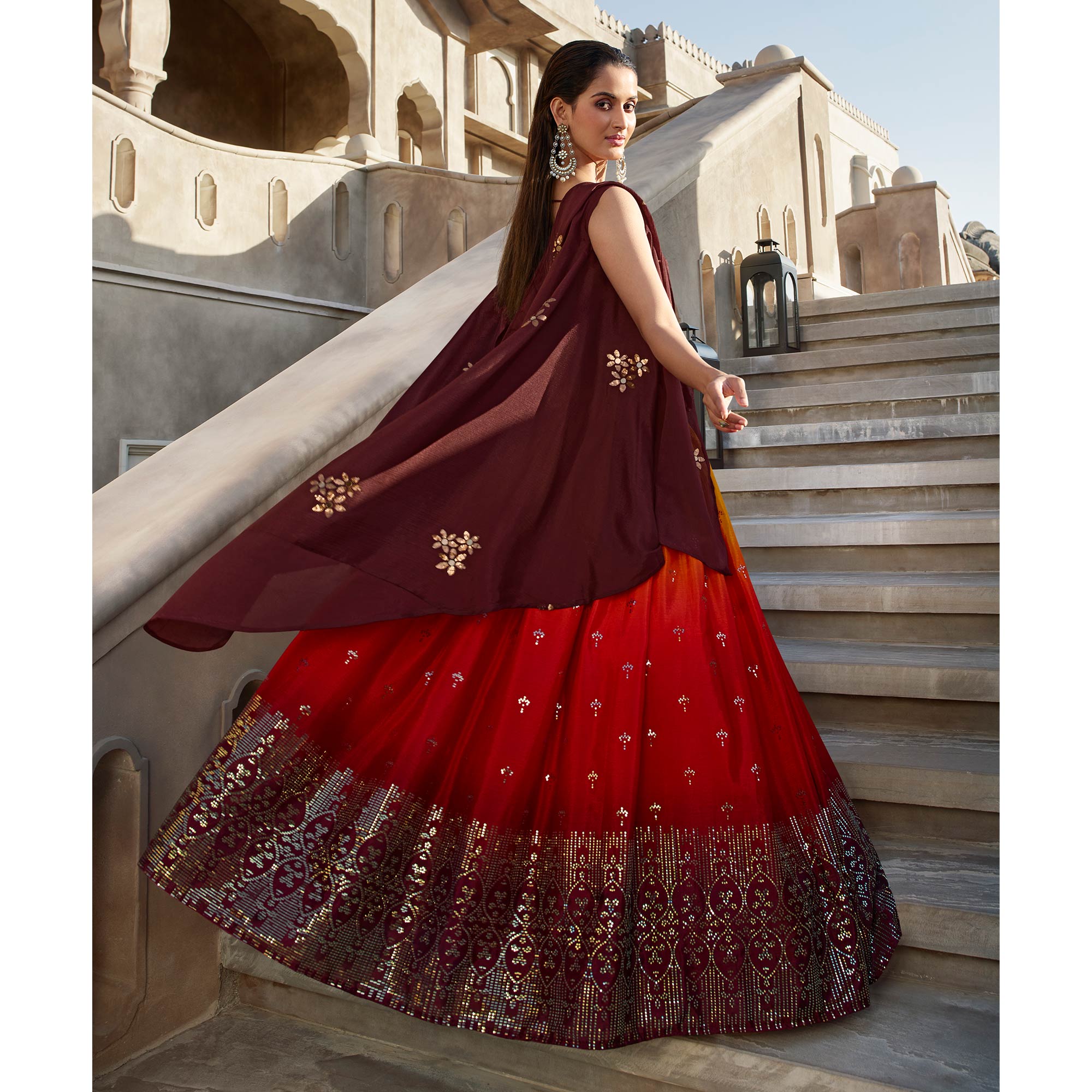 Orange & Wine Embellished Mirror Work Georgette Lehenga Choli