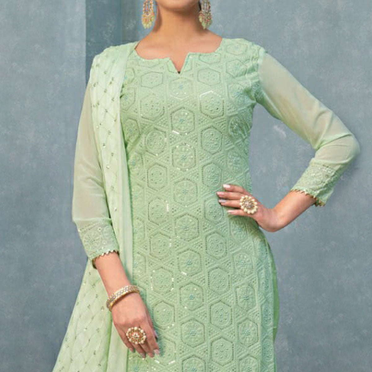 Pista Green Mirror Embroidered Georgette Suit