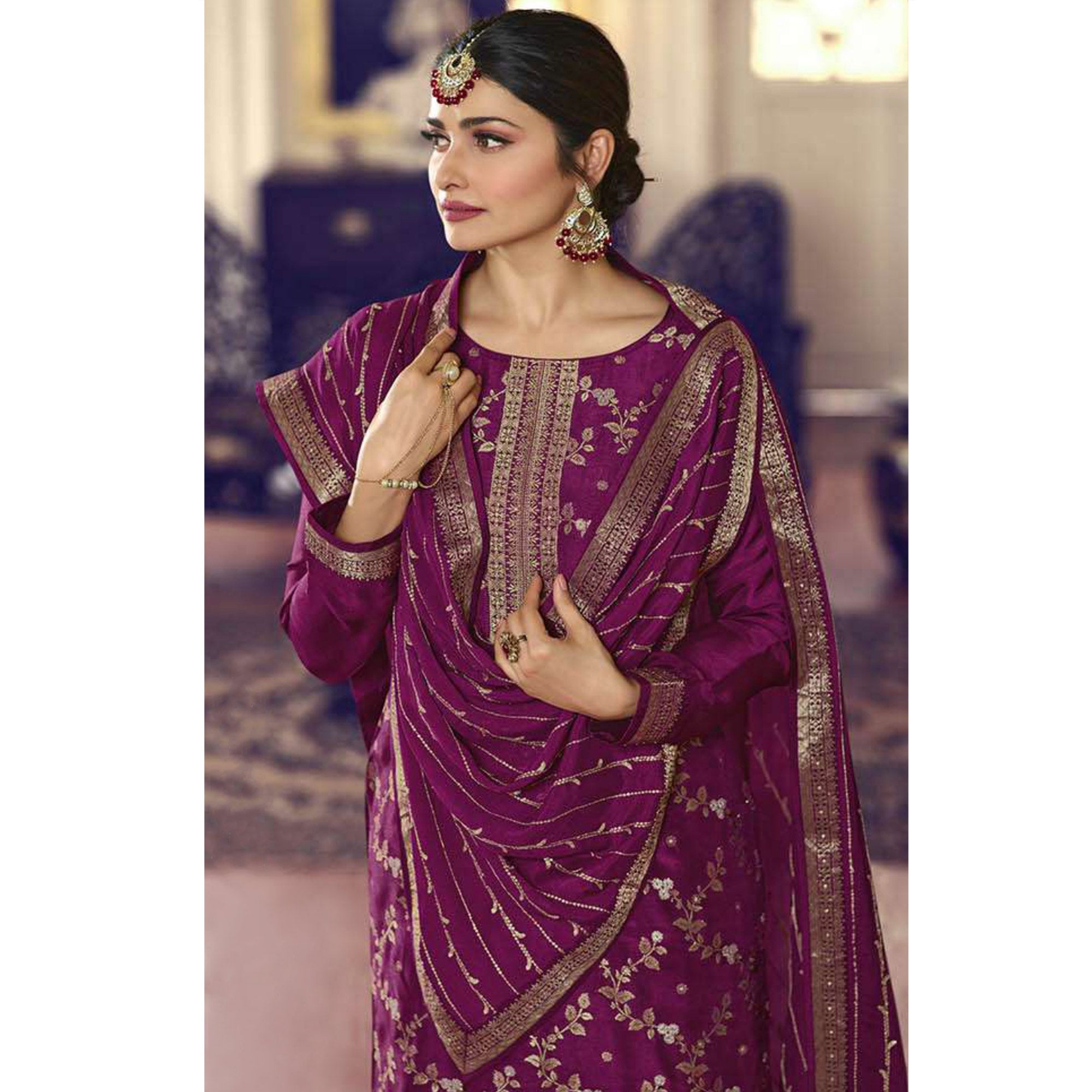 Purple Embroidered Dola Silk Palazzo Suit