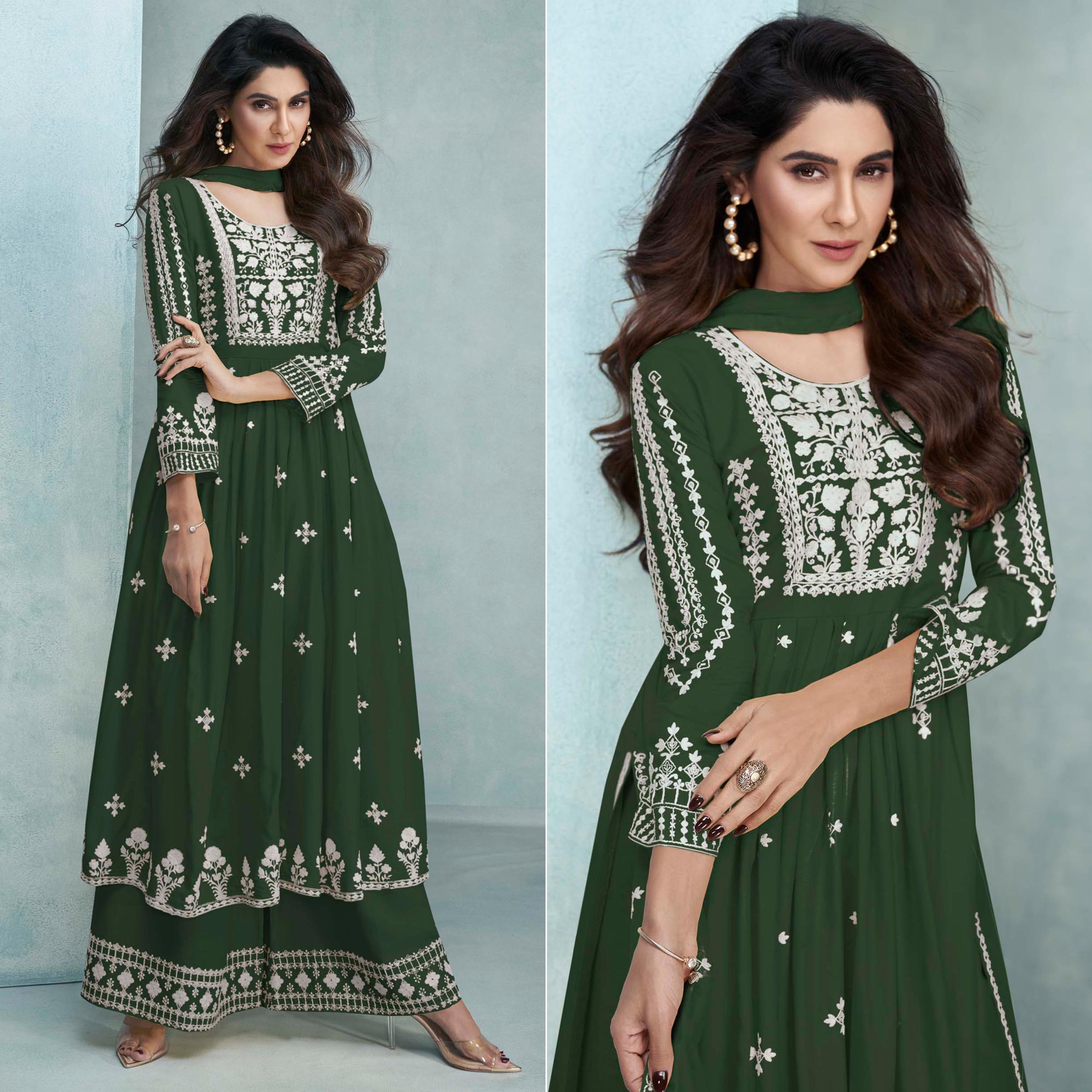 Green Lucknowi Embroidered Rayon Palazzo Suit