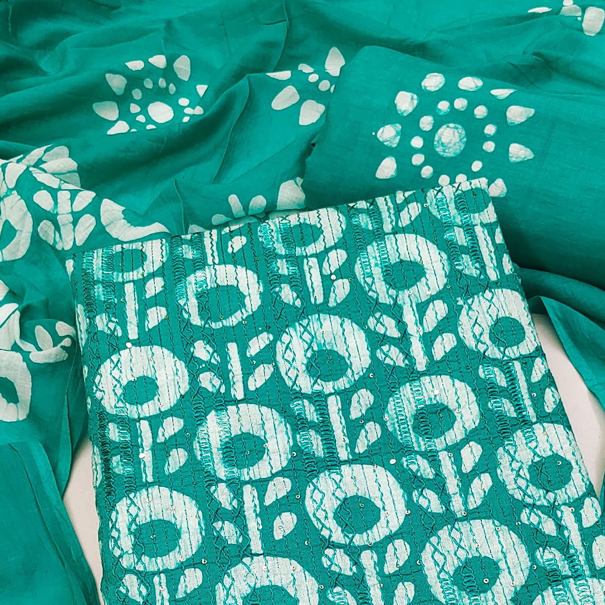 Turquoise Printed & Embroidered Pure Cotton Dress Material