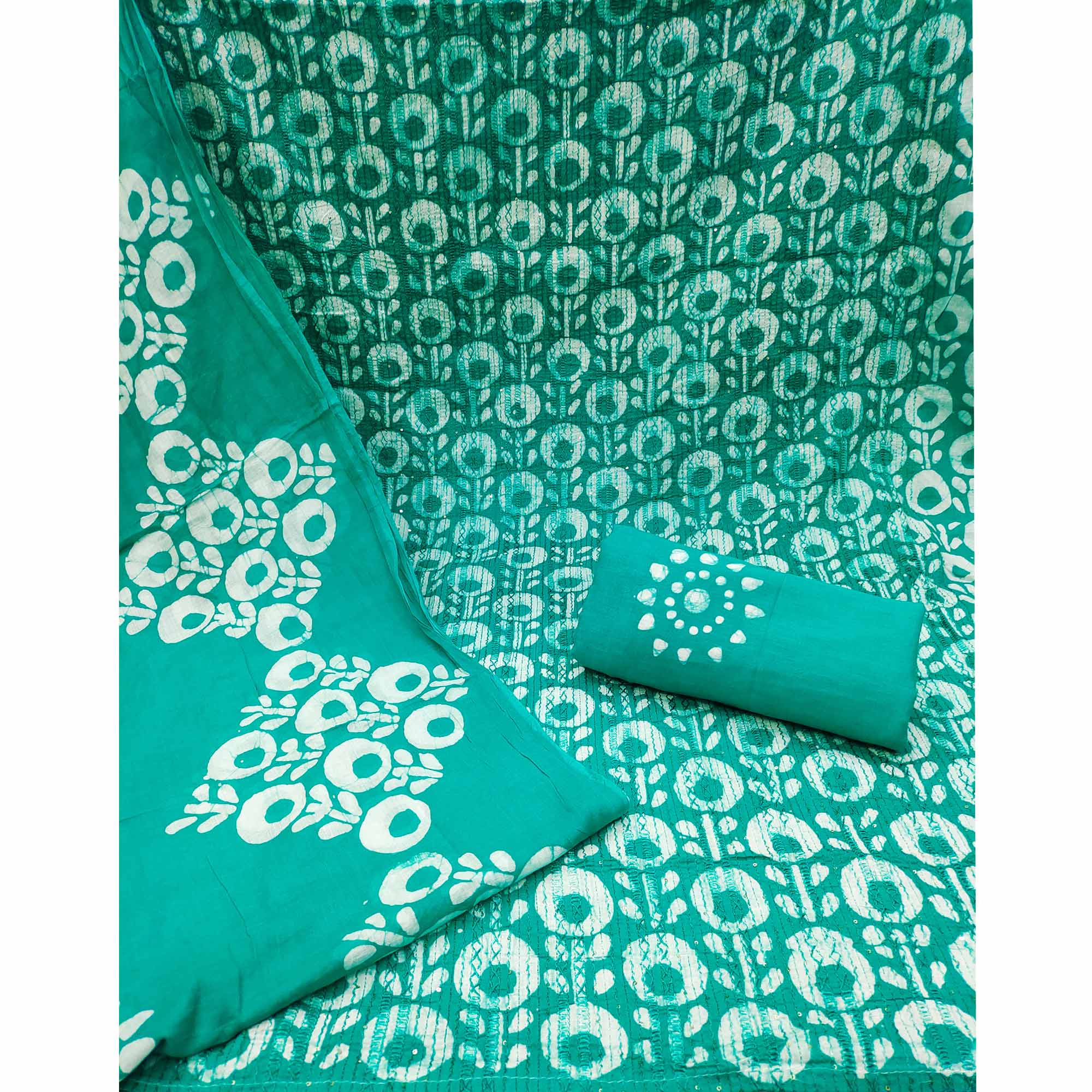 Turquoise Printed & Embroidered Pure Cotton Dress Material