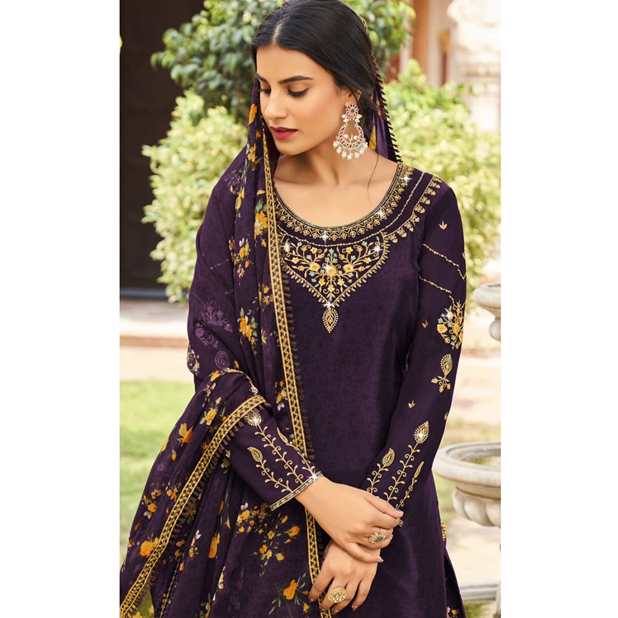 Purple Floral Embroidered Crepe Patiala Suit