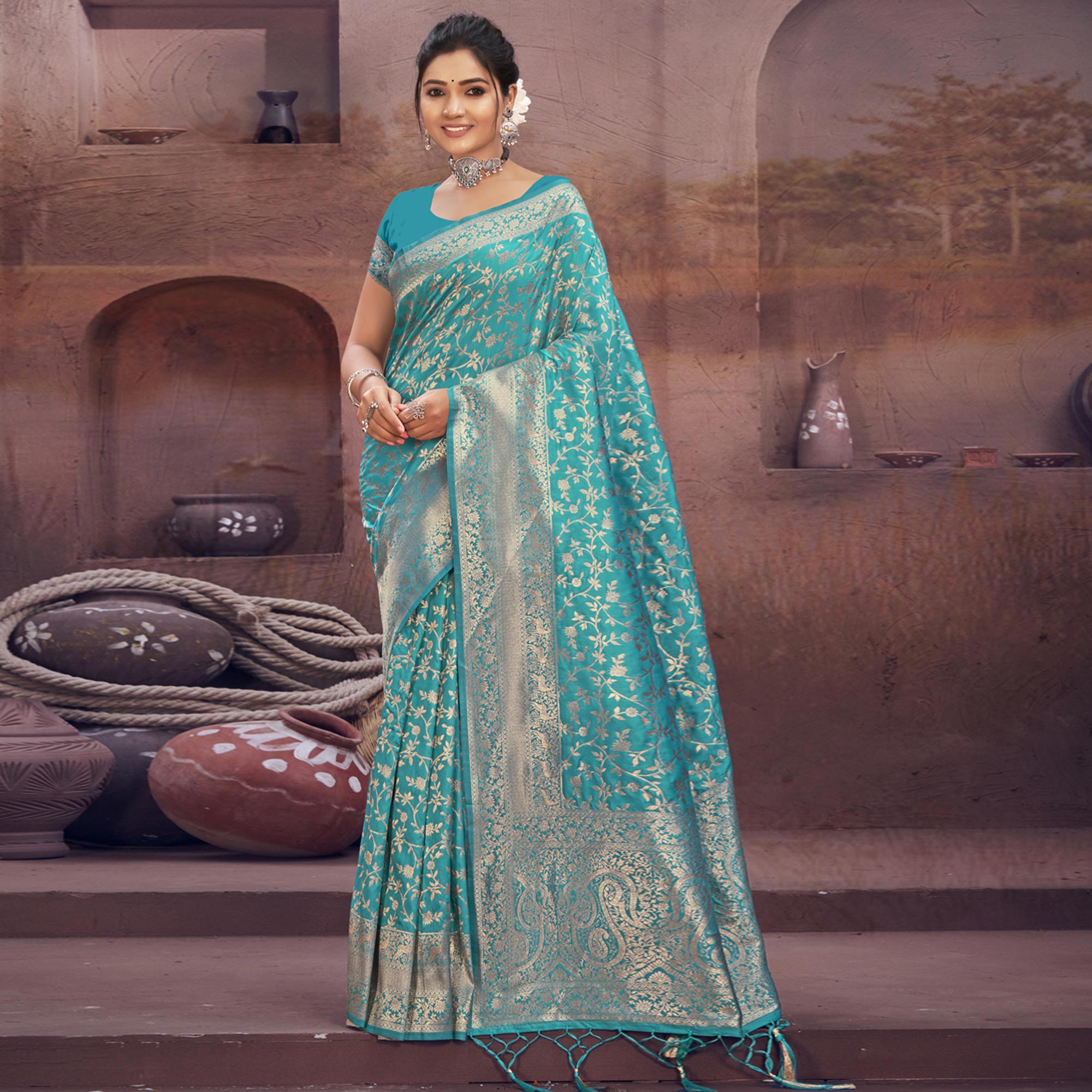 Blue Floral Woven Art Silk Saree