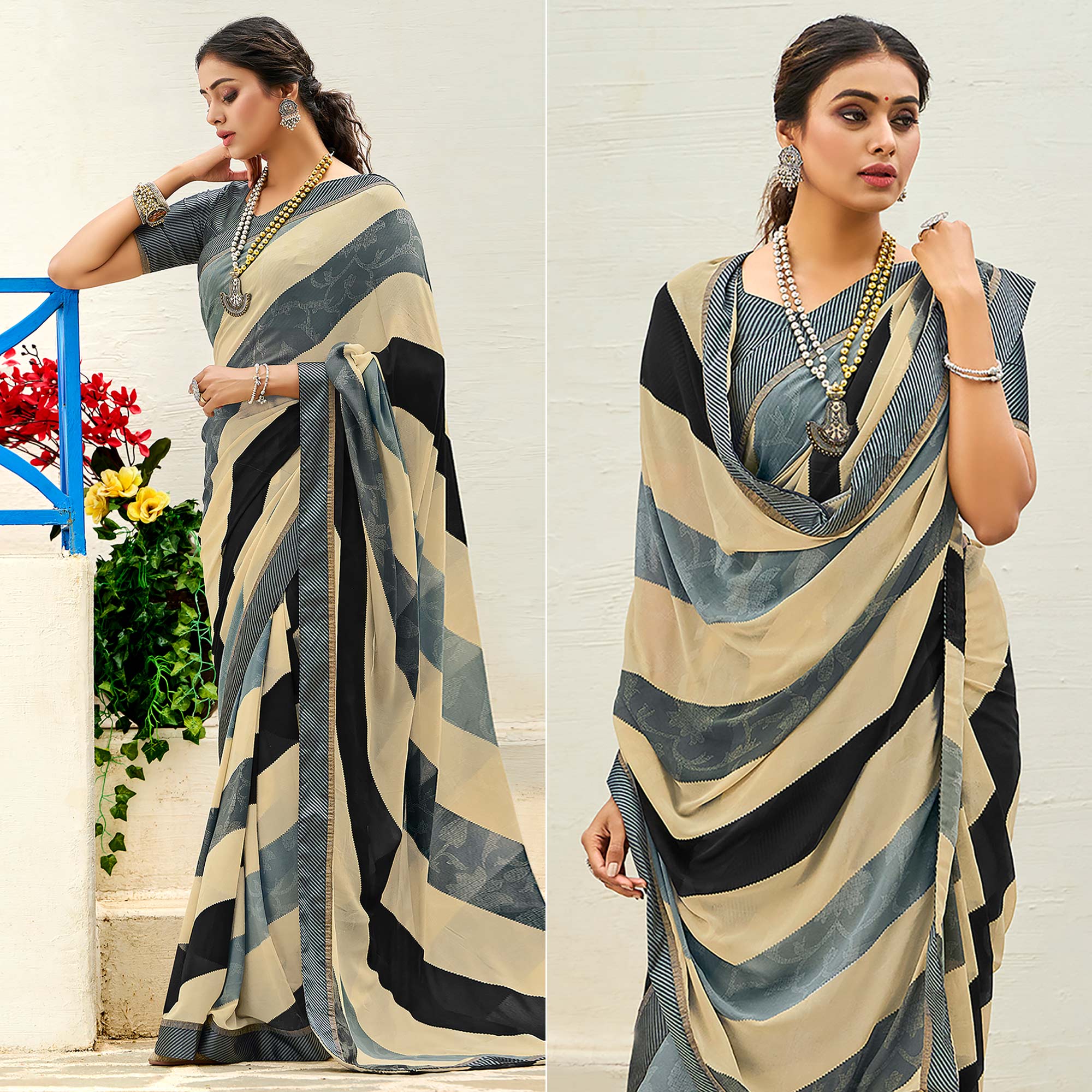 Multicolored Striped Printed Georgette Saree
