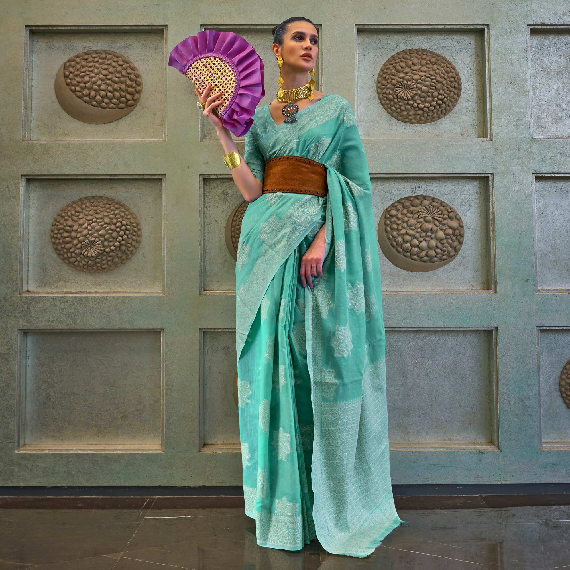 Sea Green Lucknowi & Sequins Embroidered Art Silk Saree