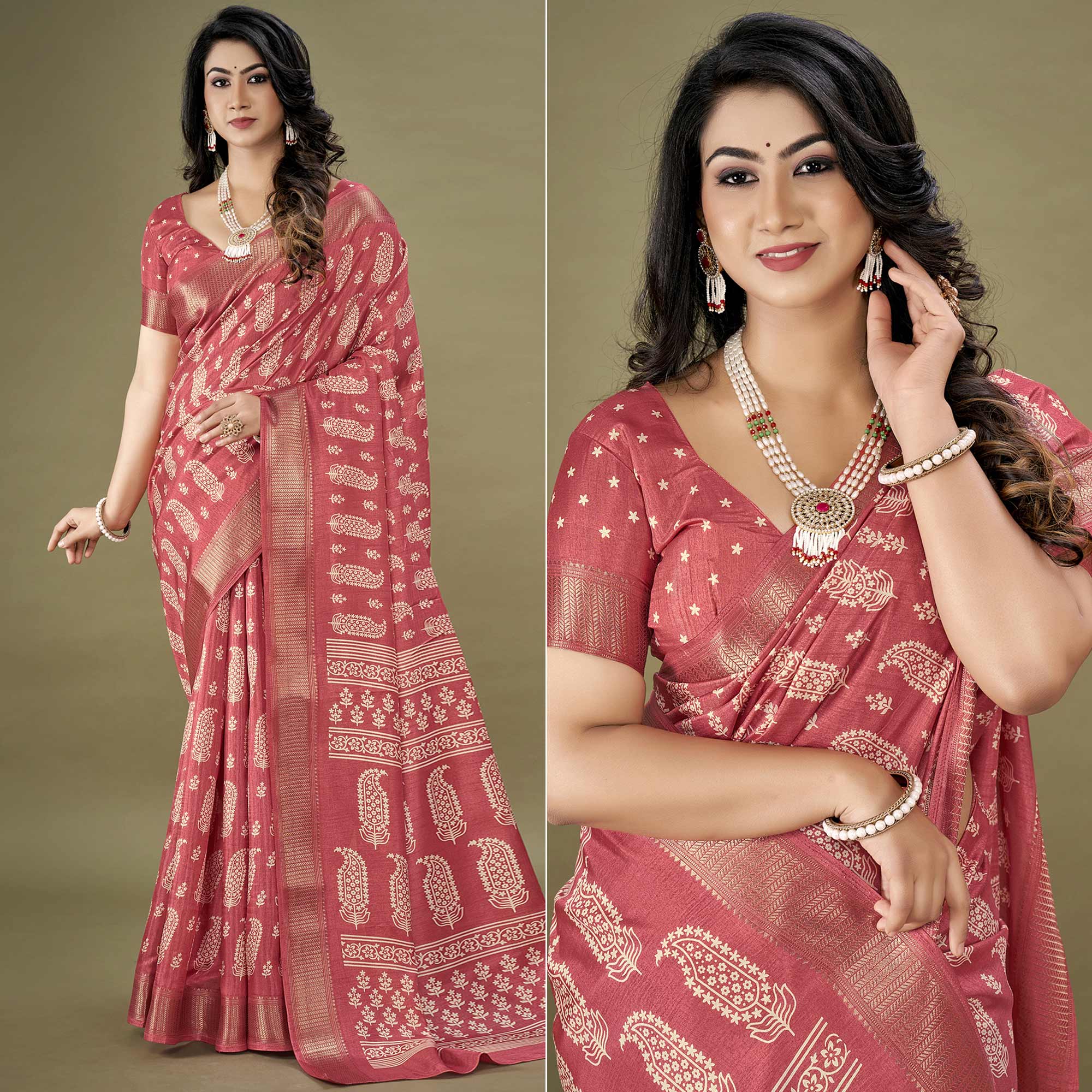 Pink Floral Printed Dola Silk Saree